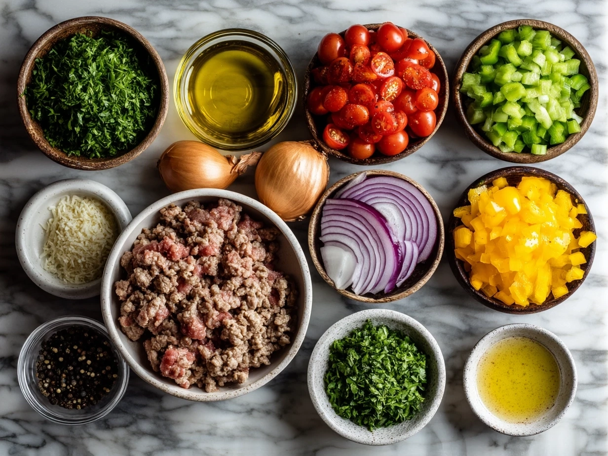 Top down raw ingredients for ground turkey stuffed peppers on marble kitchen counter with organized mise en place