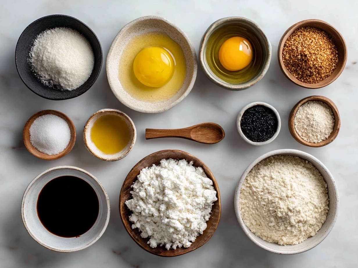 Top down raw ingredients for honey ricotta pizza on a wooden table