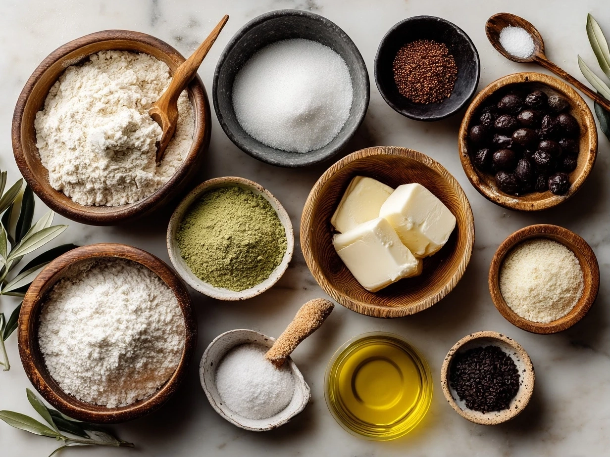 Top down view of raw ingredients for Italian Love Cake on marble counter