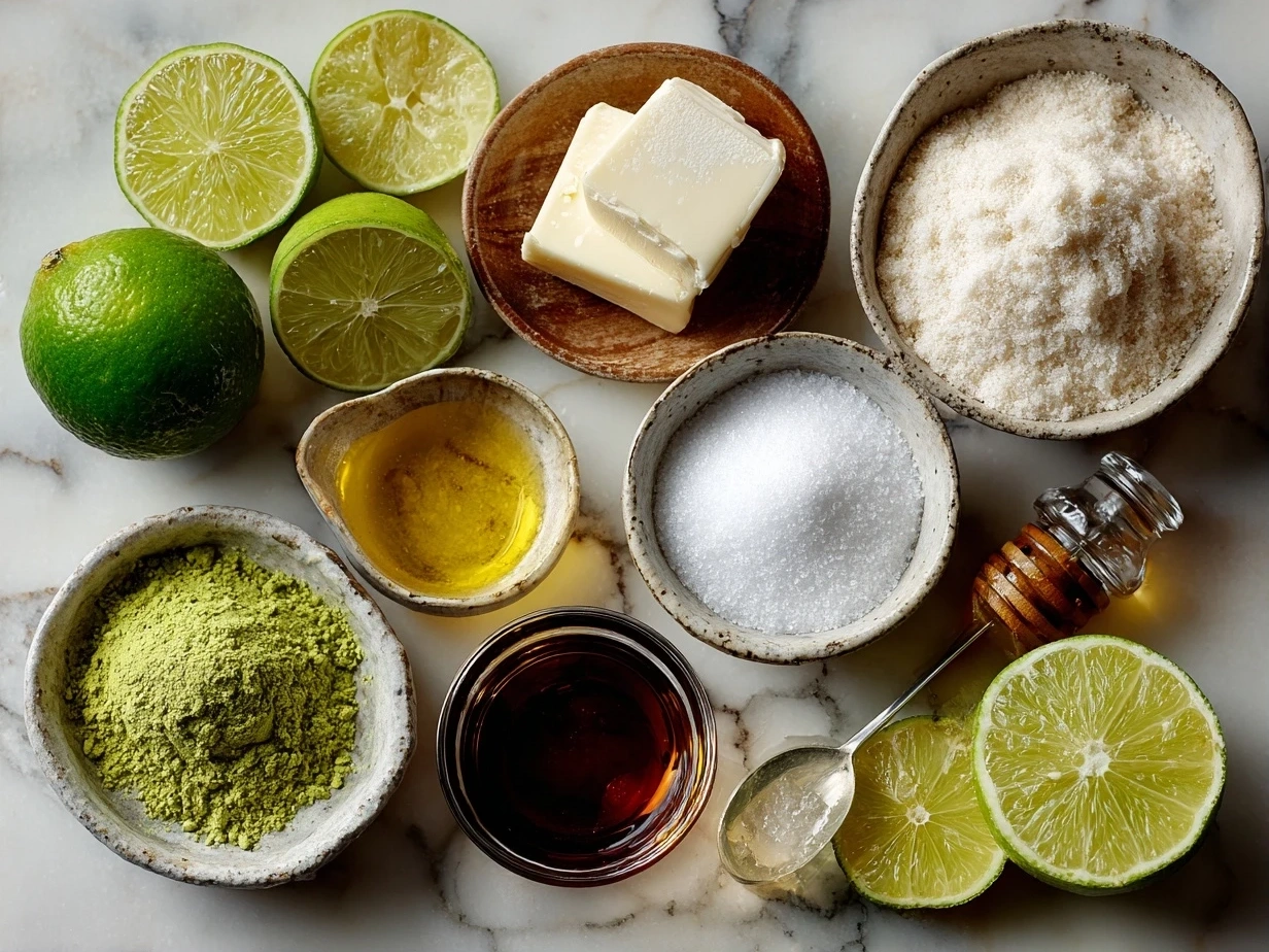 Raw ingredients for Key Lime Pie laid out on marble surface
