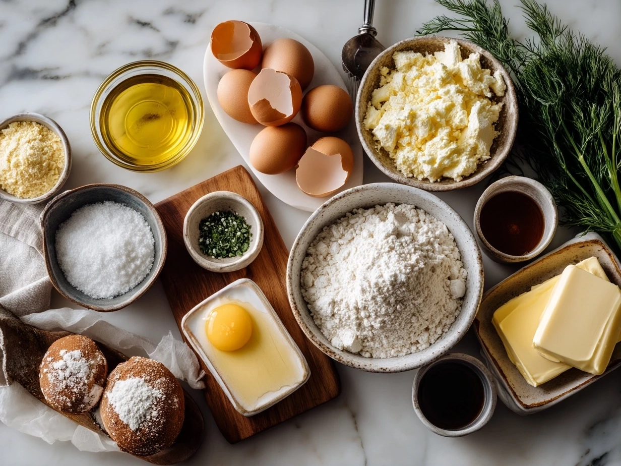 Top down view of raw ingredients for Maryland Crab Cakes Recipe on marble surface