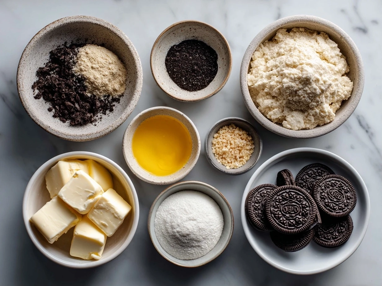 Top down view of raw ingredients for no-bake Oreo cheesecake bites on marble countertop with kitchen tools