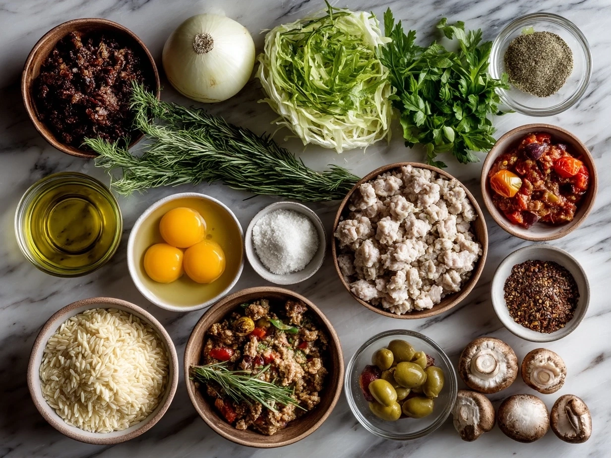 Raw ingredients for One-Pot Ground Turkey Orzo arranged on a marble surface