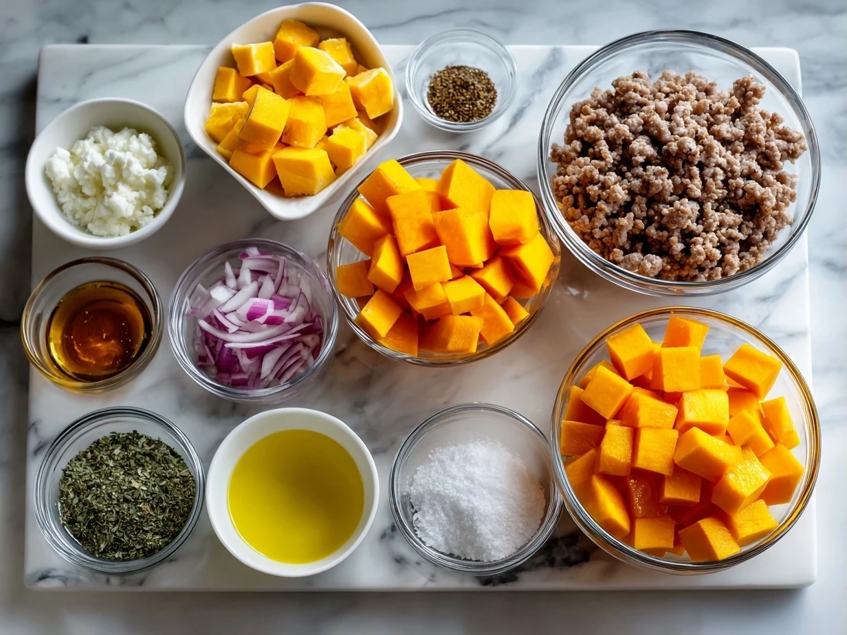 Top down raw ingredients for roasted butternut squash with ground turkey on marble surface