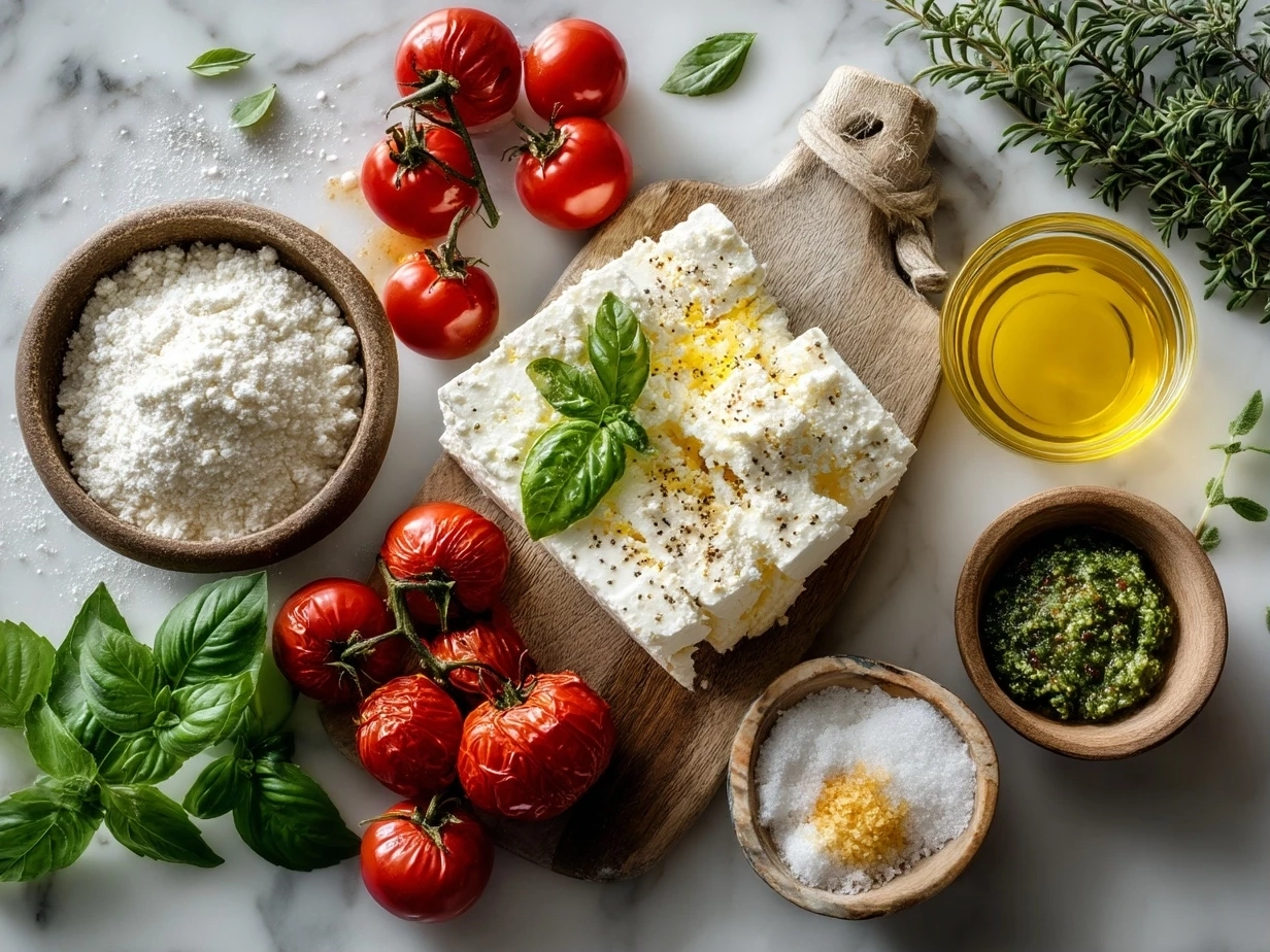 Top down view of raw ingredients for TikTok Baked Feta Pasta with Pesto on marble countertop