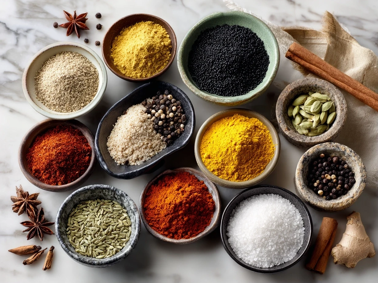 Raw ingredients for vegan fajitas on marble surface, including colorful bell peppers, onions, tofu, and mushrooms