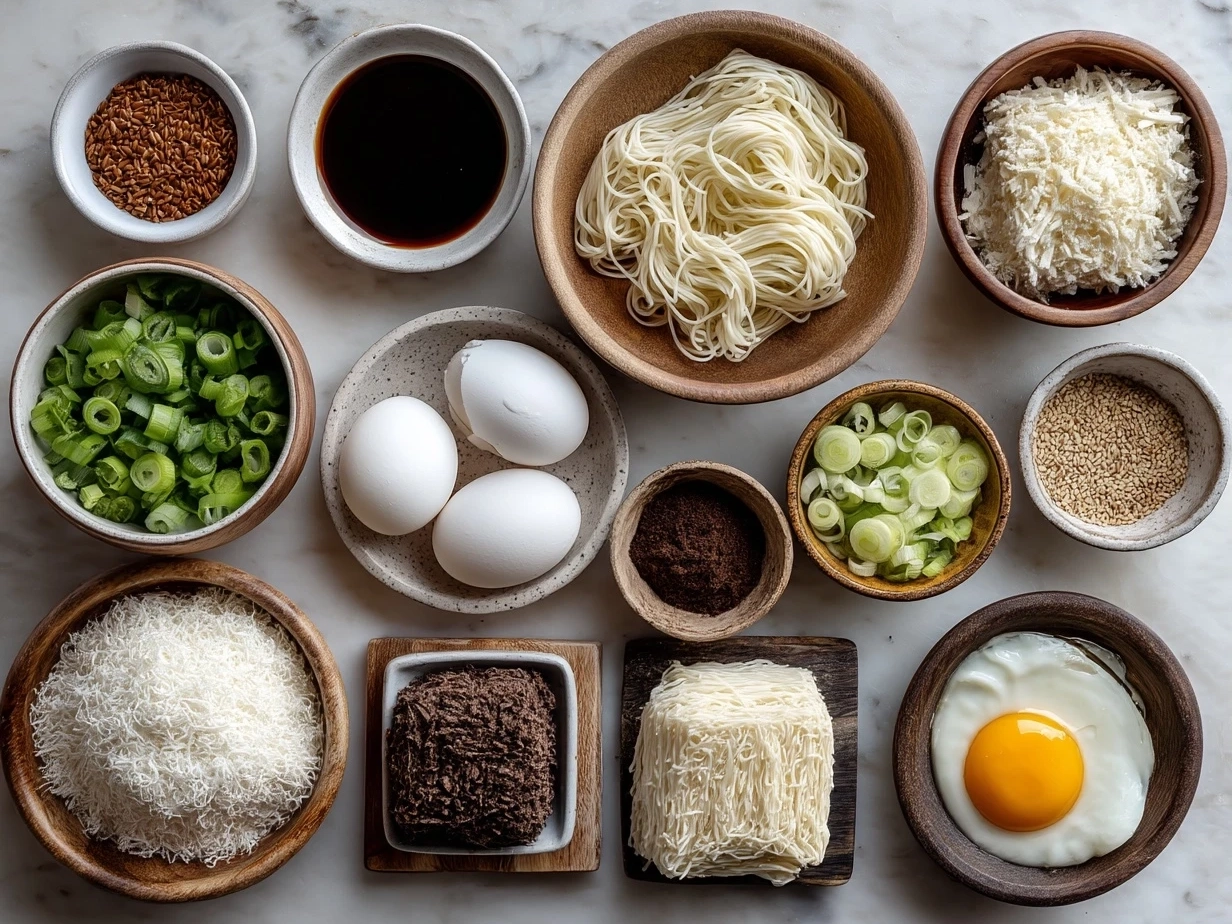 Top-down view of raw ingredients for Vegan Teriyaki Noodle Bowl including tofu, noodles, broccoli, bell pepper, and sauce ingredients