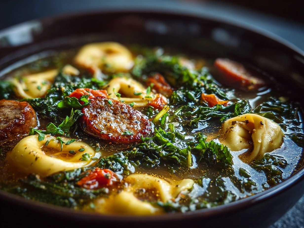 Bowl of Tortellini Soup with Sausage and Kale served with Parmesan cheese