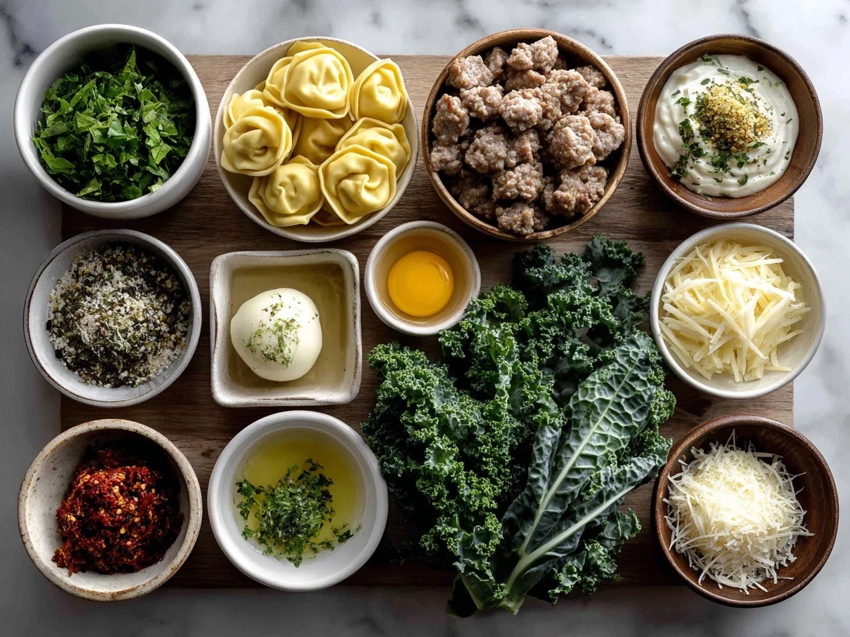 Ingredients for Tortellini Soup with Sausage and Kale including sausage, kale, tortellini, onion, garlic, broth