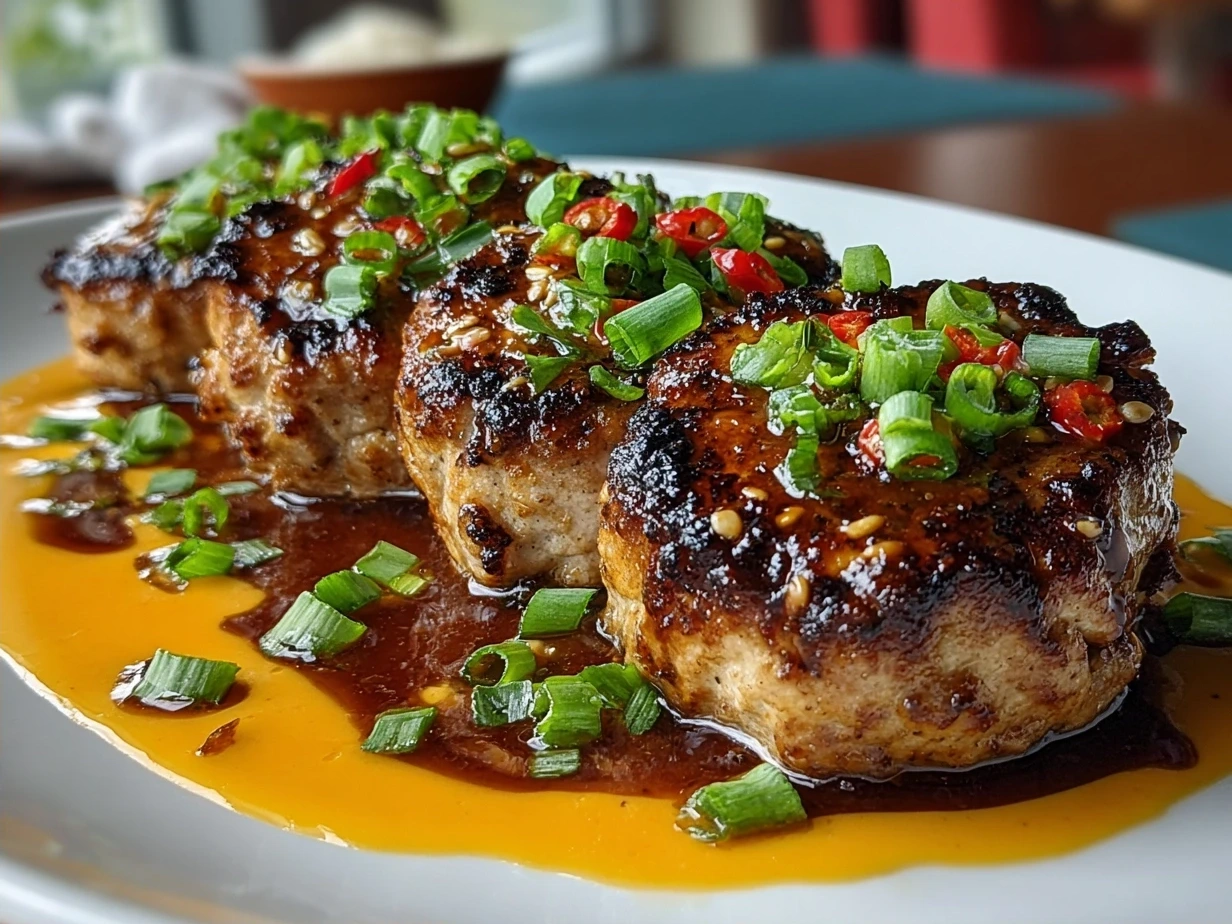Served Turkey Medallions with Orange Teriyaki Sauce garnished with green onions and sesame seeds