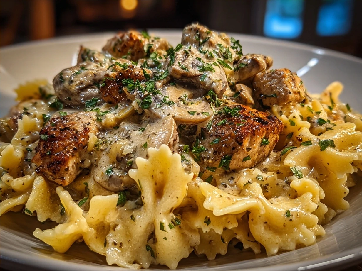 Creamy Turkey Stroganoff served over buttered egg noodles and garnished with fresh parsley