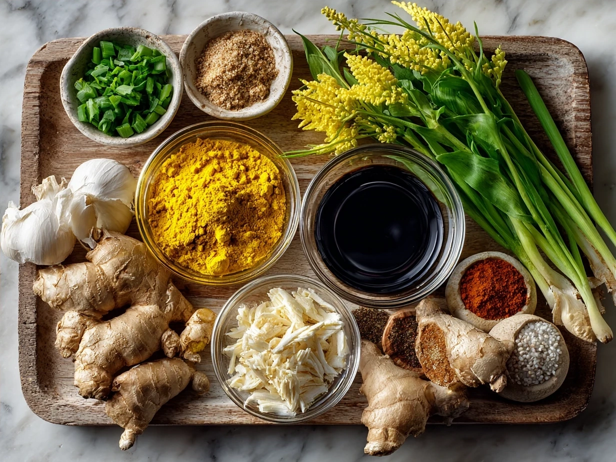 Ingredients for Turmeric Ginger Chicken Noodle Soup laid out including turmeric, ginger, vegetables, chicken, and noodles