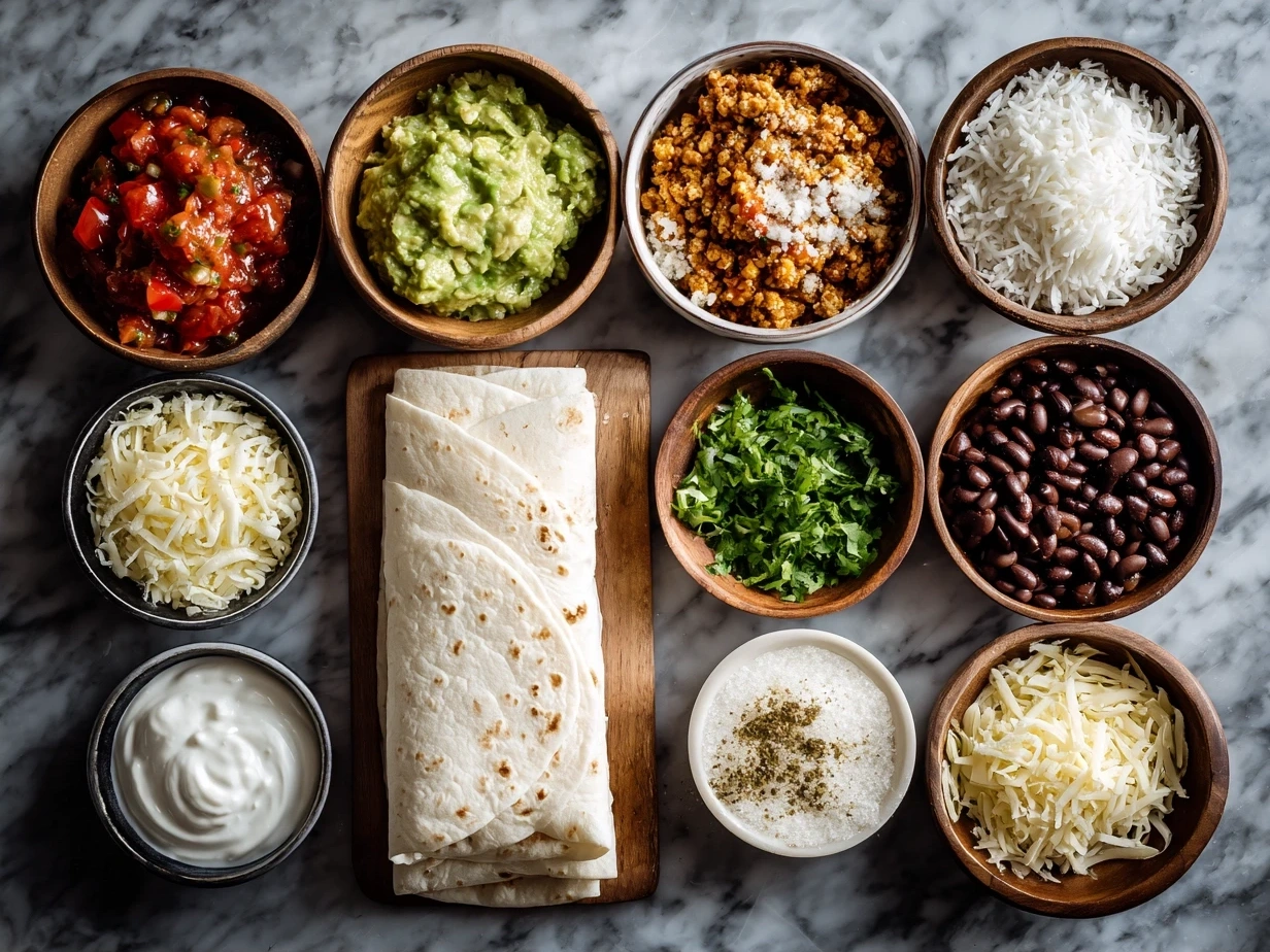 Ingredients for Vegan Burrito Wraps laid out on a kitchen counter