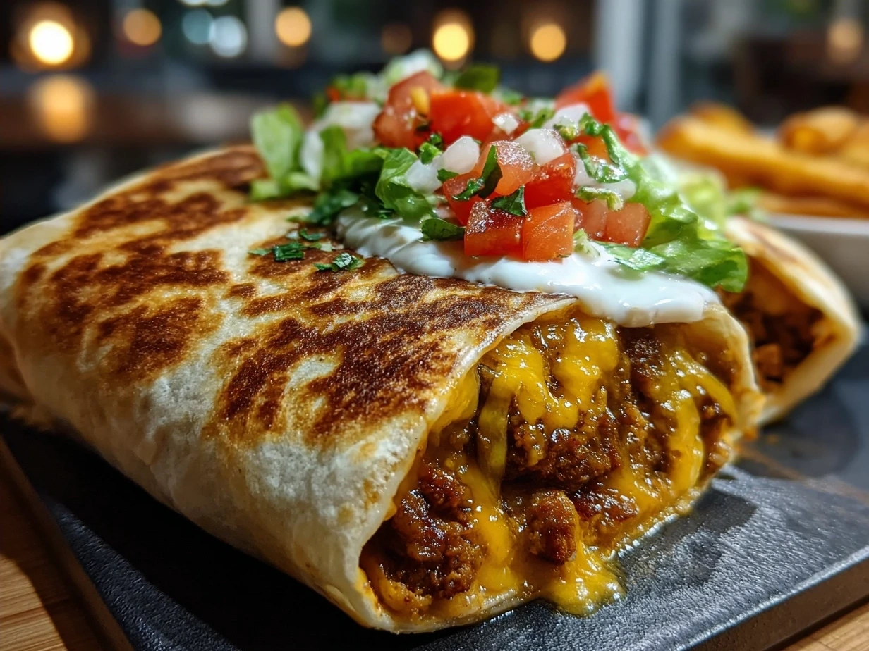 Finished Vegan Crunchwrap Supreme cut in half on a colorful plate with vegan taco sauce