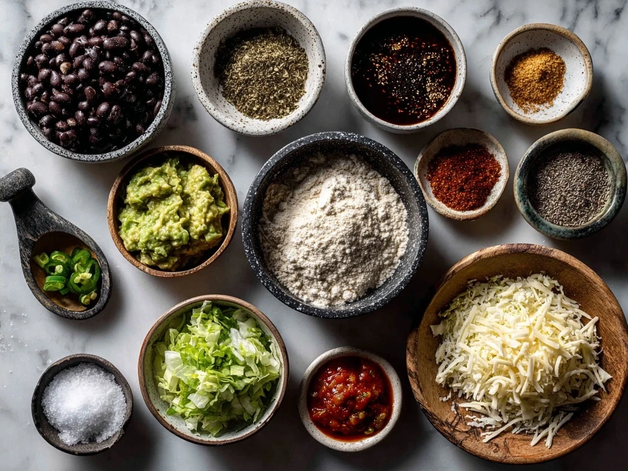 Ingredients for Vegan Crunchwrap Supreme including tortillas, black beans, vegan cheese, corn, lettuce, tomatoes, red onion, and vegan sour cream