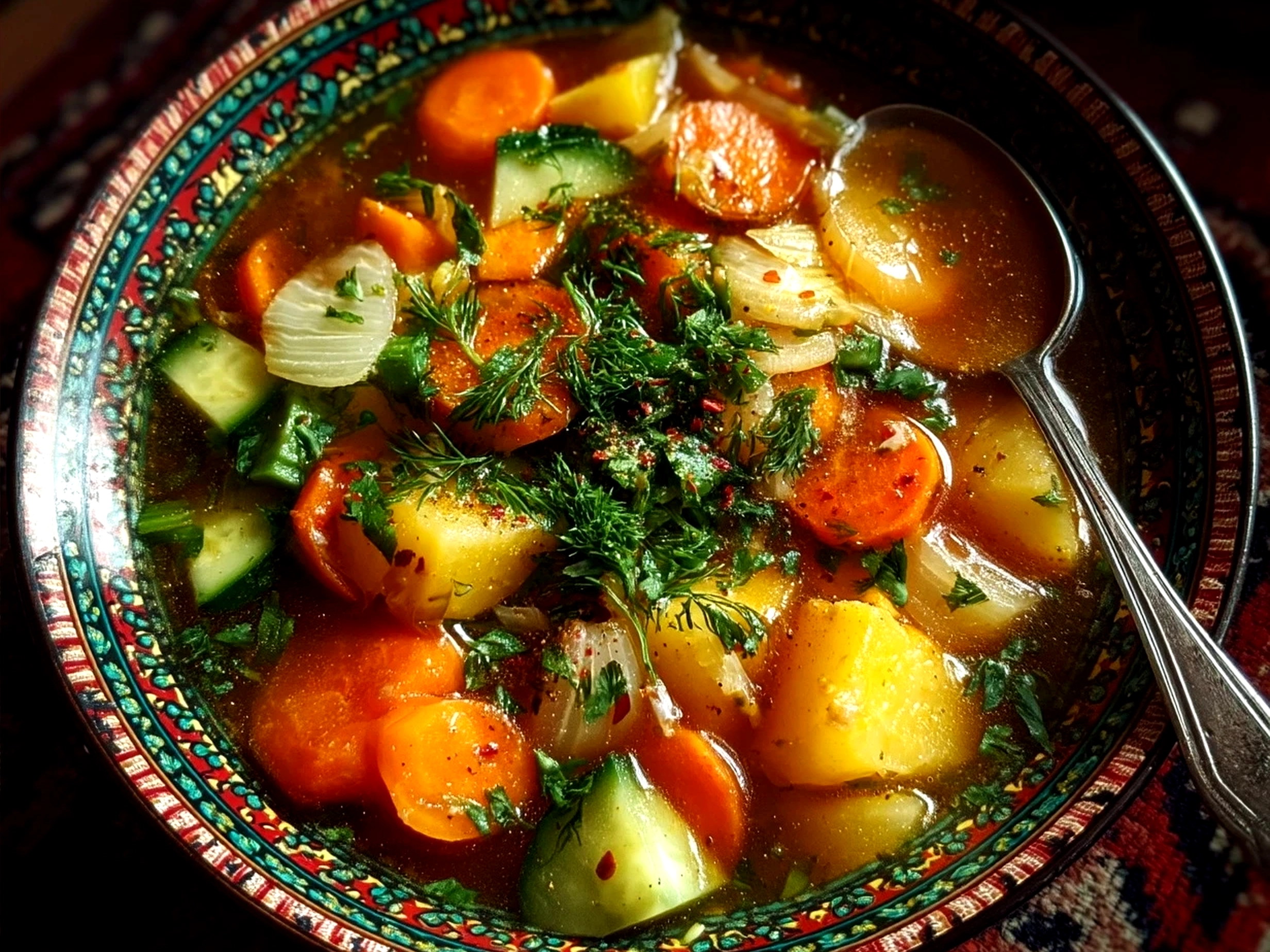 Bowl of finished vegetable soup with bread on the side
