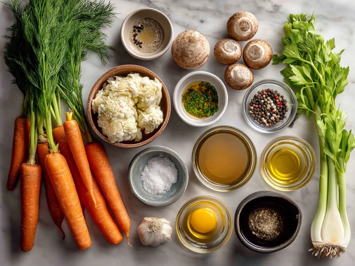 Ingredients for vegetable soup laid out on a kitchen counter