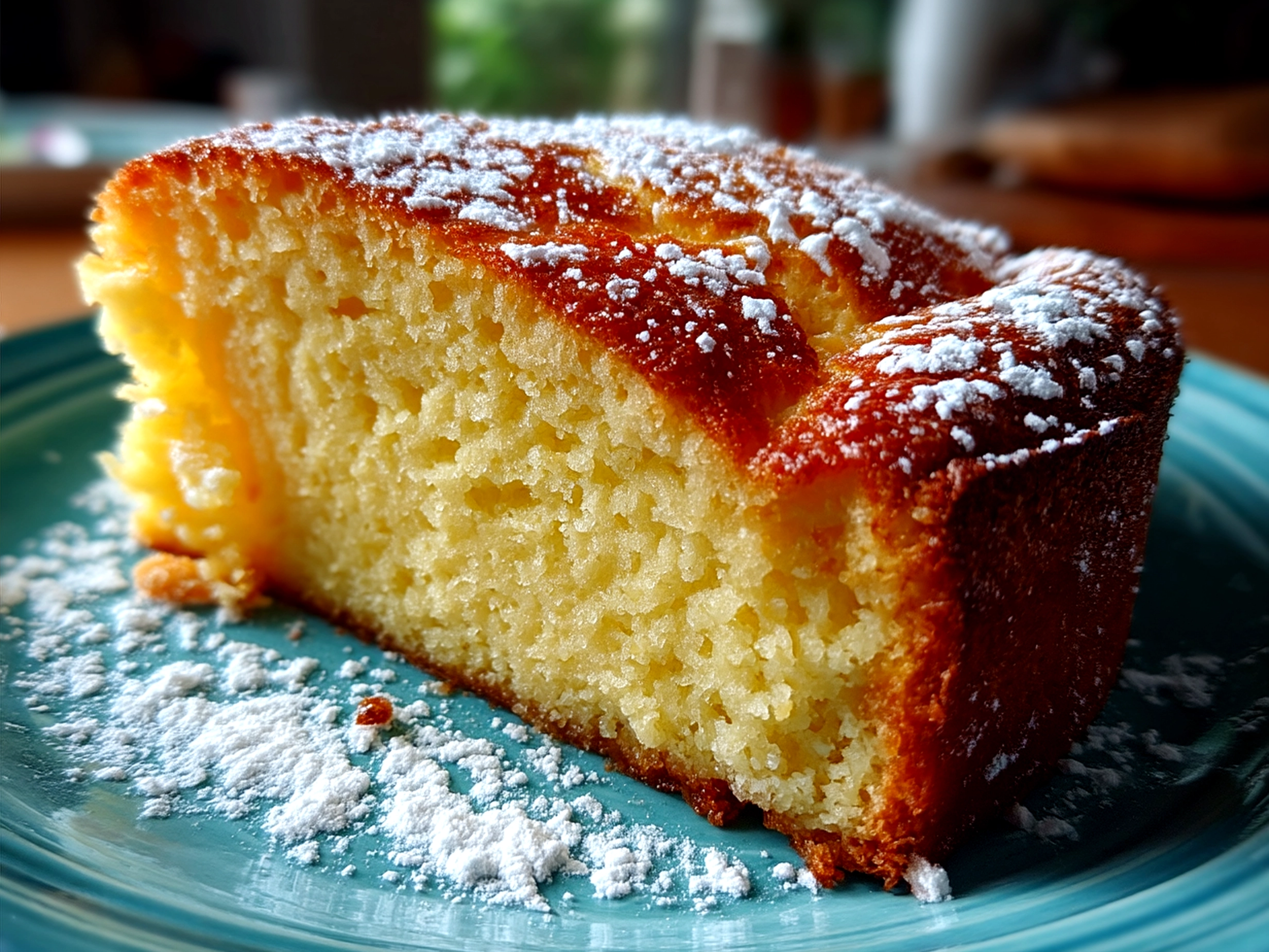 Serving 3 Ingredient Creamy Yogurt Cake with a light dusting and fresh berries