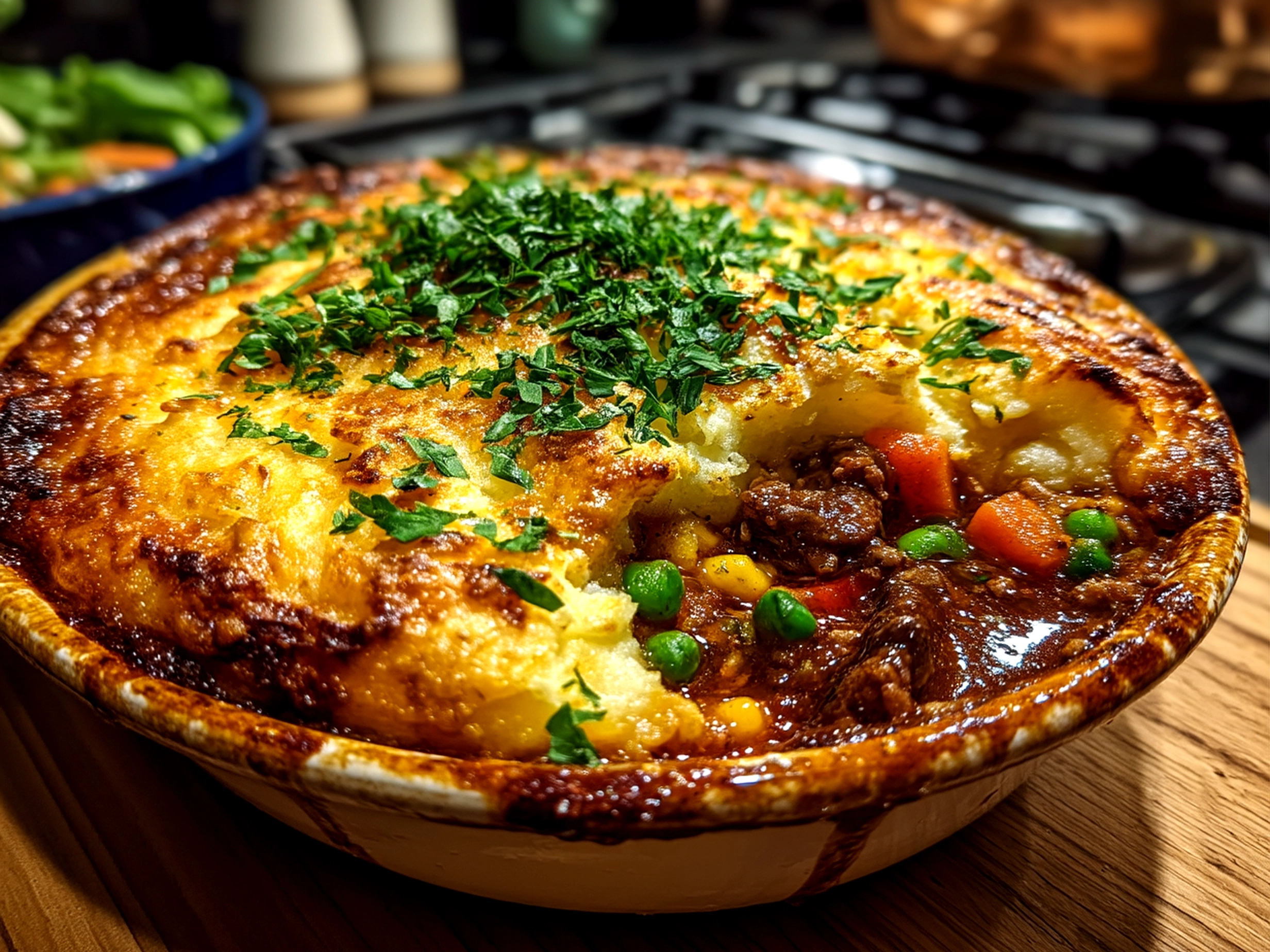 Close-up finished delicious Shepherds Pie, hearty comforting meal