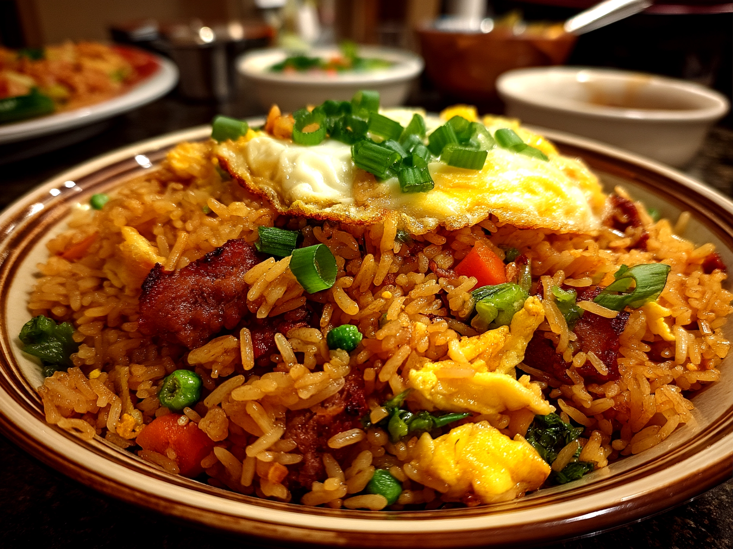 Close up of finished homemade Bang Bang Fried Rice served in a bowl