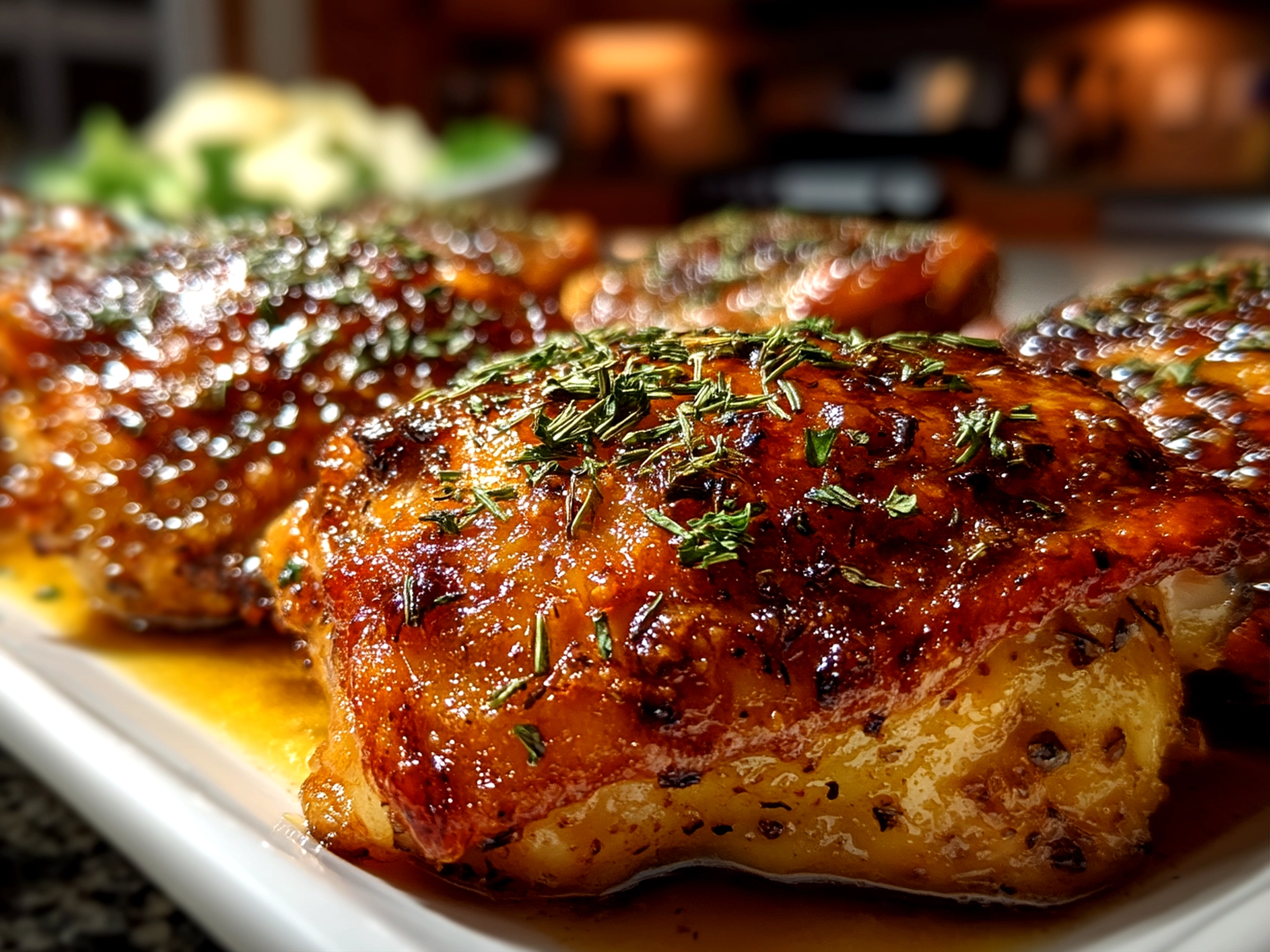 Close-up of finished, beautifully cooked melt-in-your-mouth chicken on plate