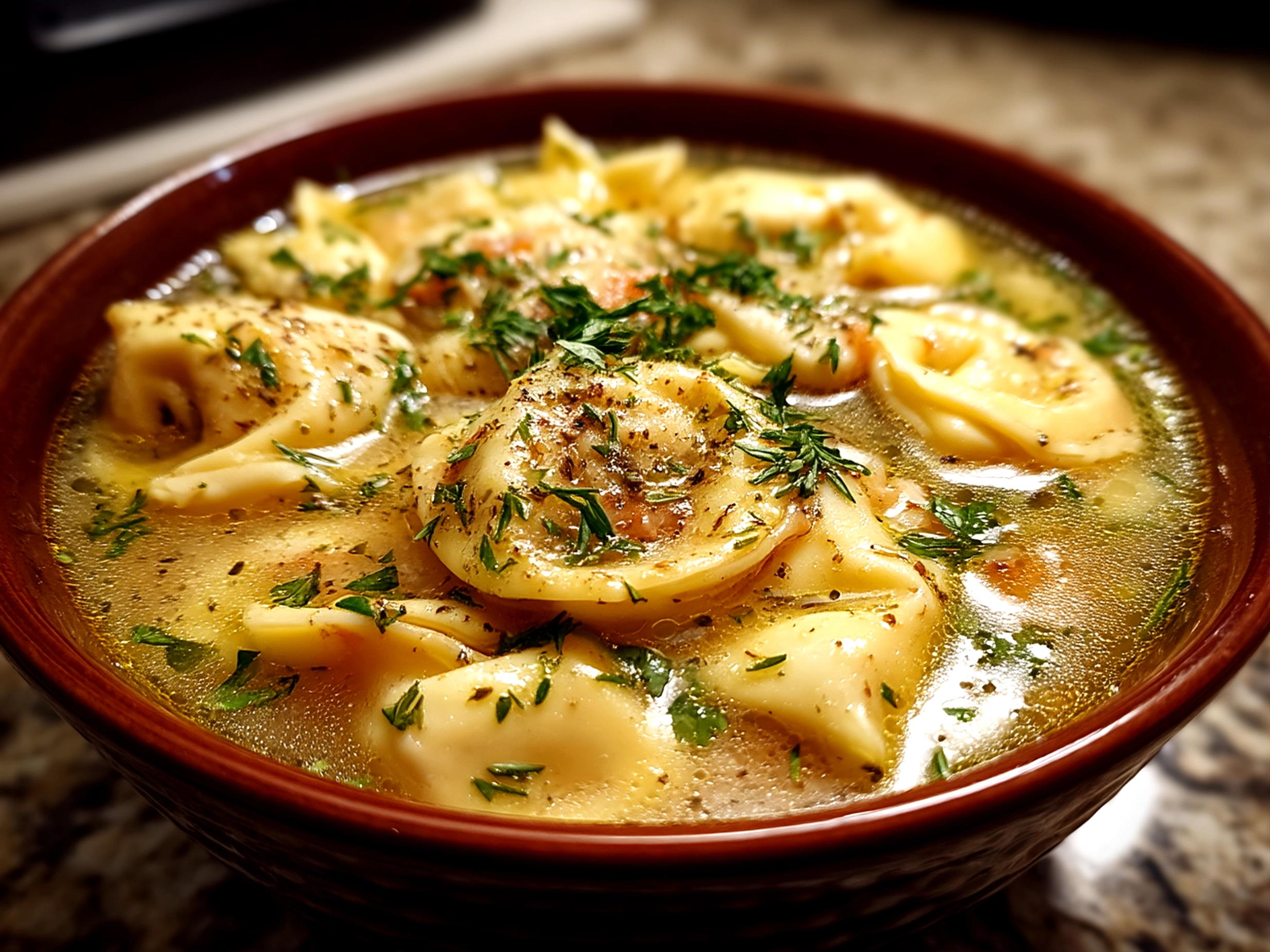 Close-up of a piping hot bowl of delicious tortellini soup ready to serve