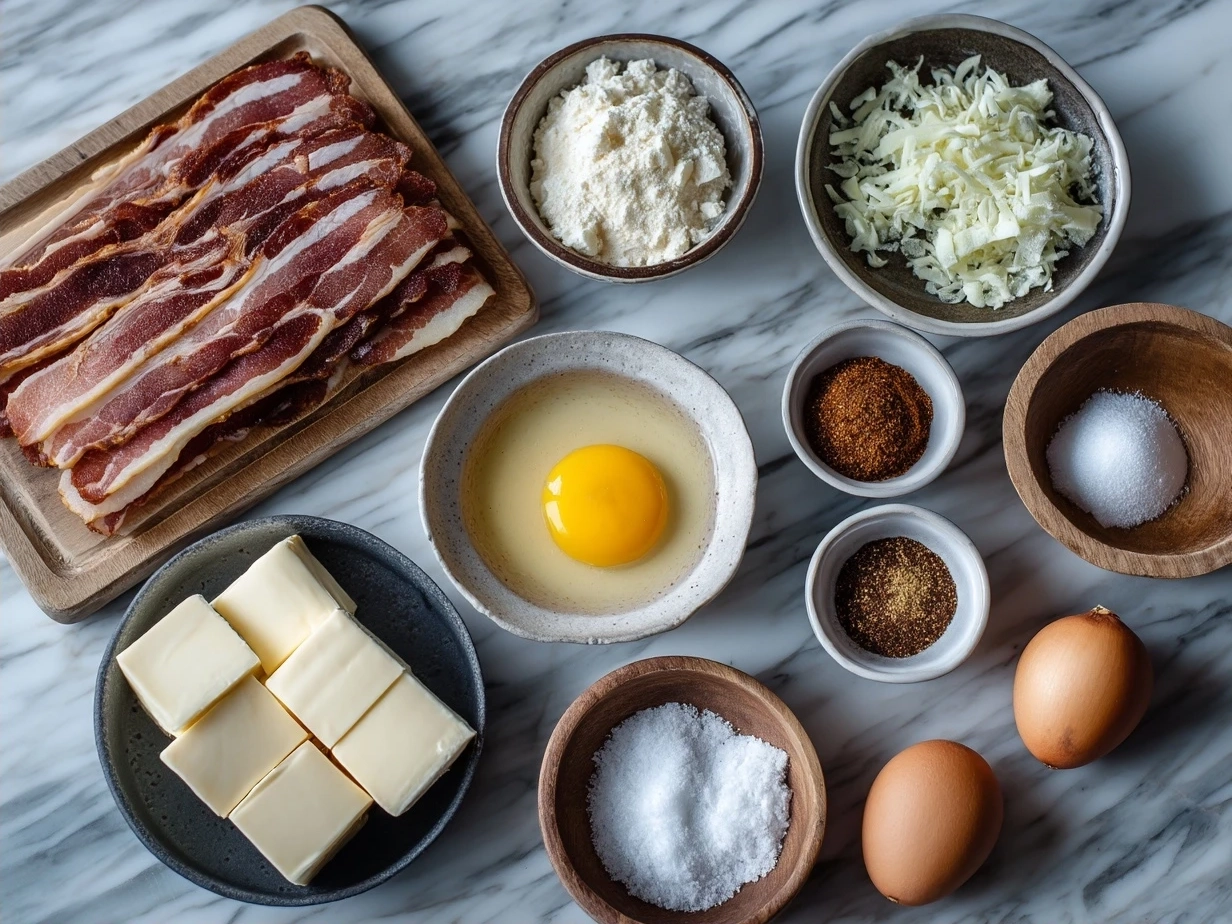 Ingredients for Bacon Wrapped Grilled Cheese Fingers laid out on a kitchen counter