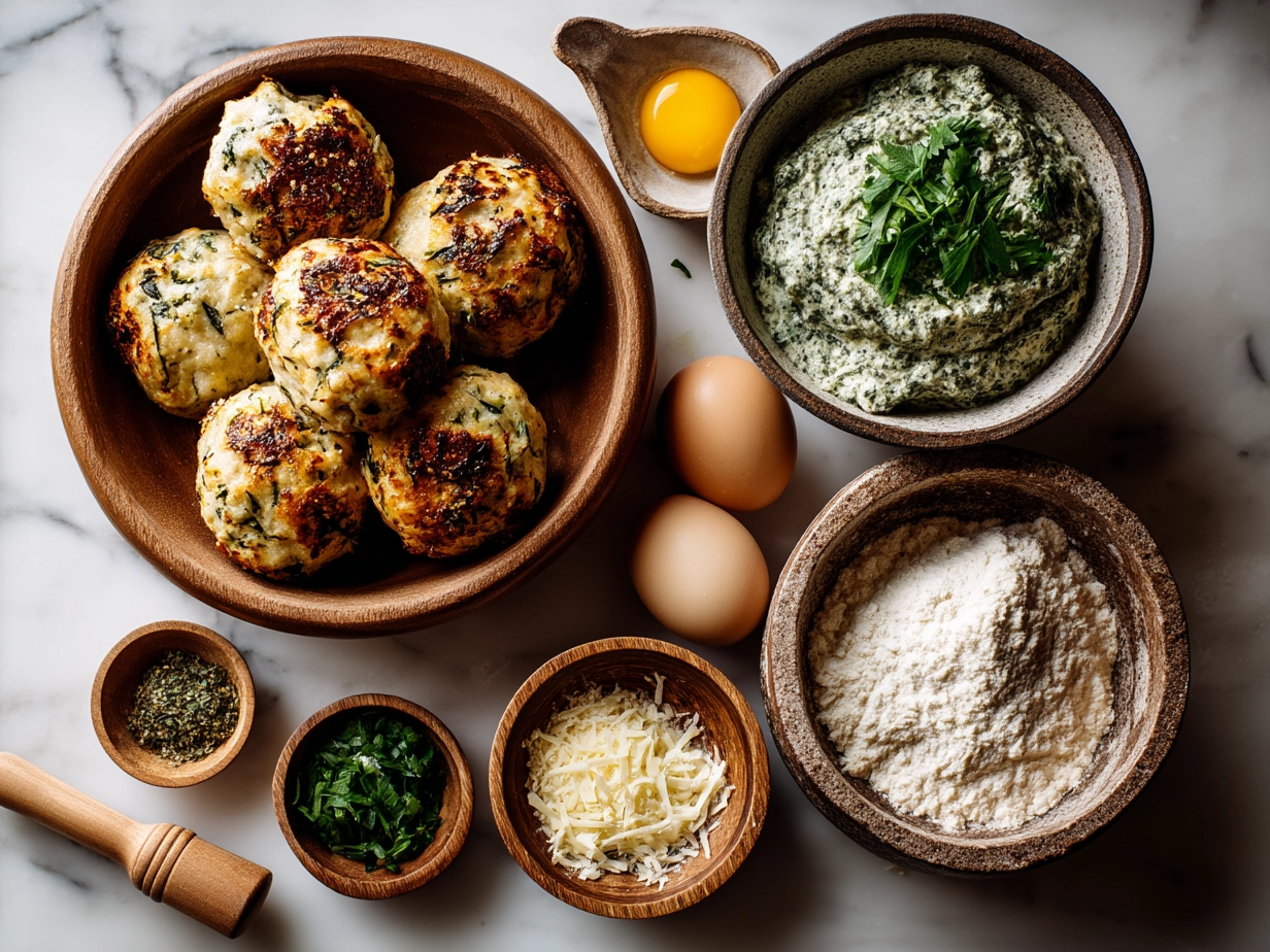 Ingredients for Baked Chicken Ricotta Meatballs smothered in creamy Spinach Alfredo Sauce
