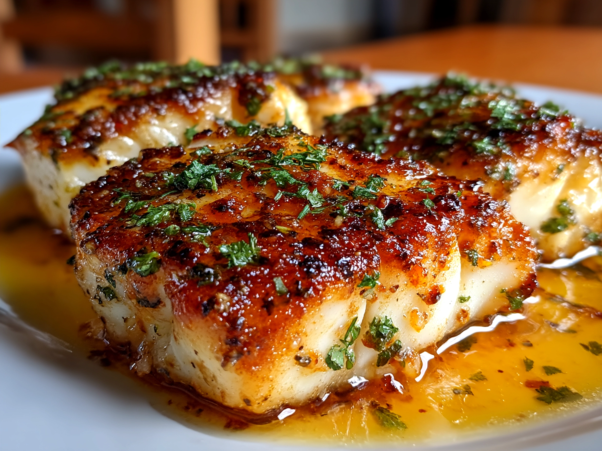 Served Baked Honey Marinade Cod on rice with green onions and sesame seeds