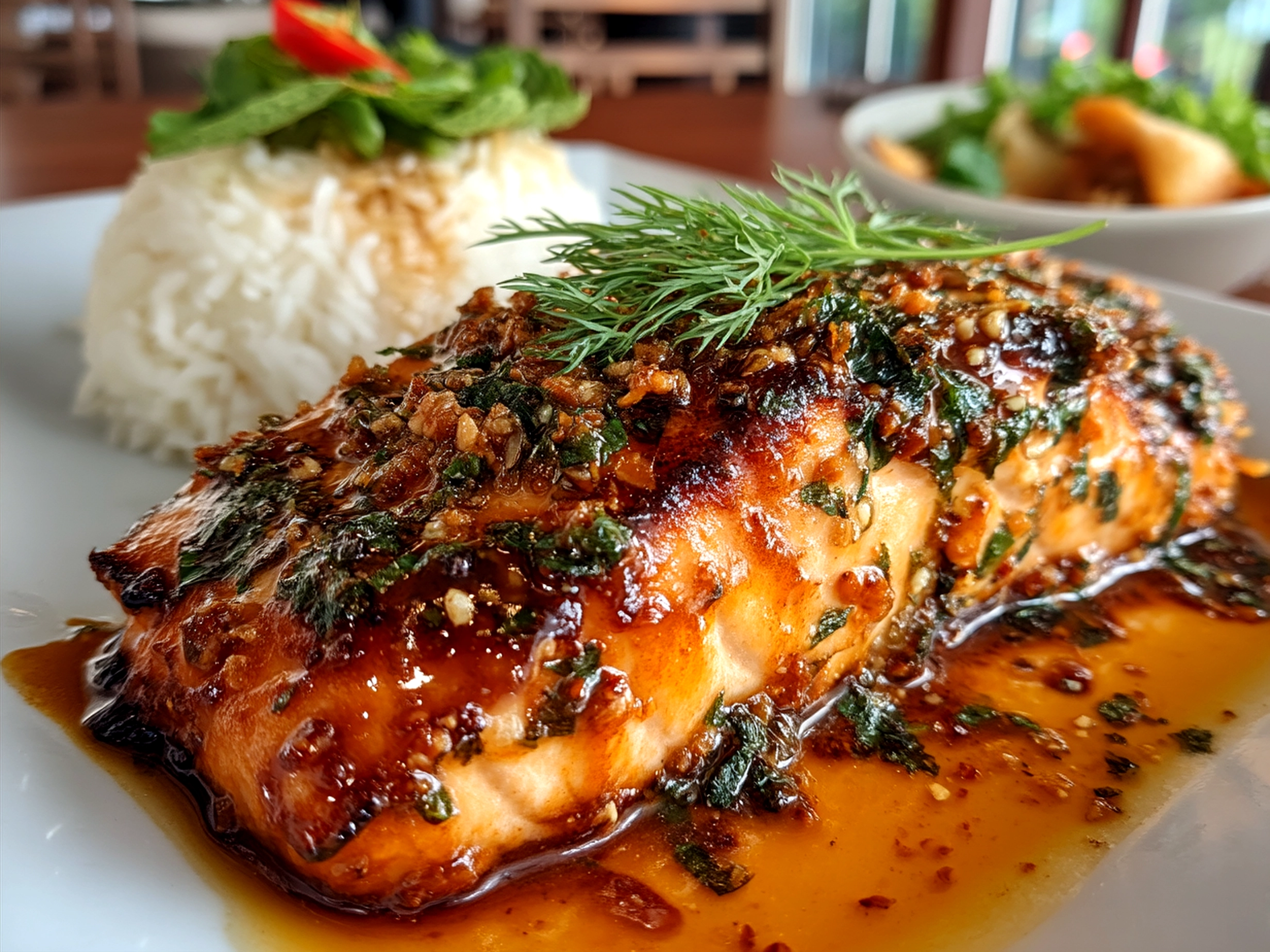 Plated Bang Bang Salmon garnished with scallions, sesame seeds, and lime wedges