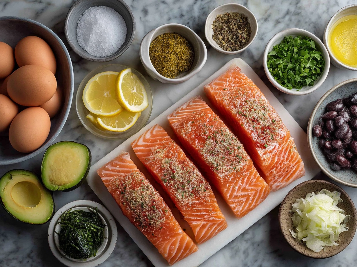 Ingredients laid out for Bang Bang Salmon recipe including salmon fillets, spices, and sauces