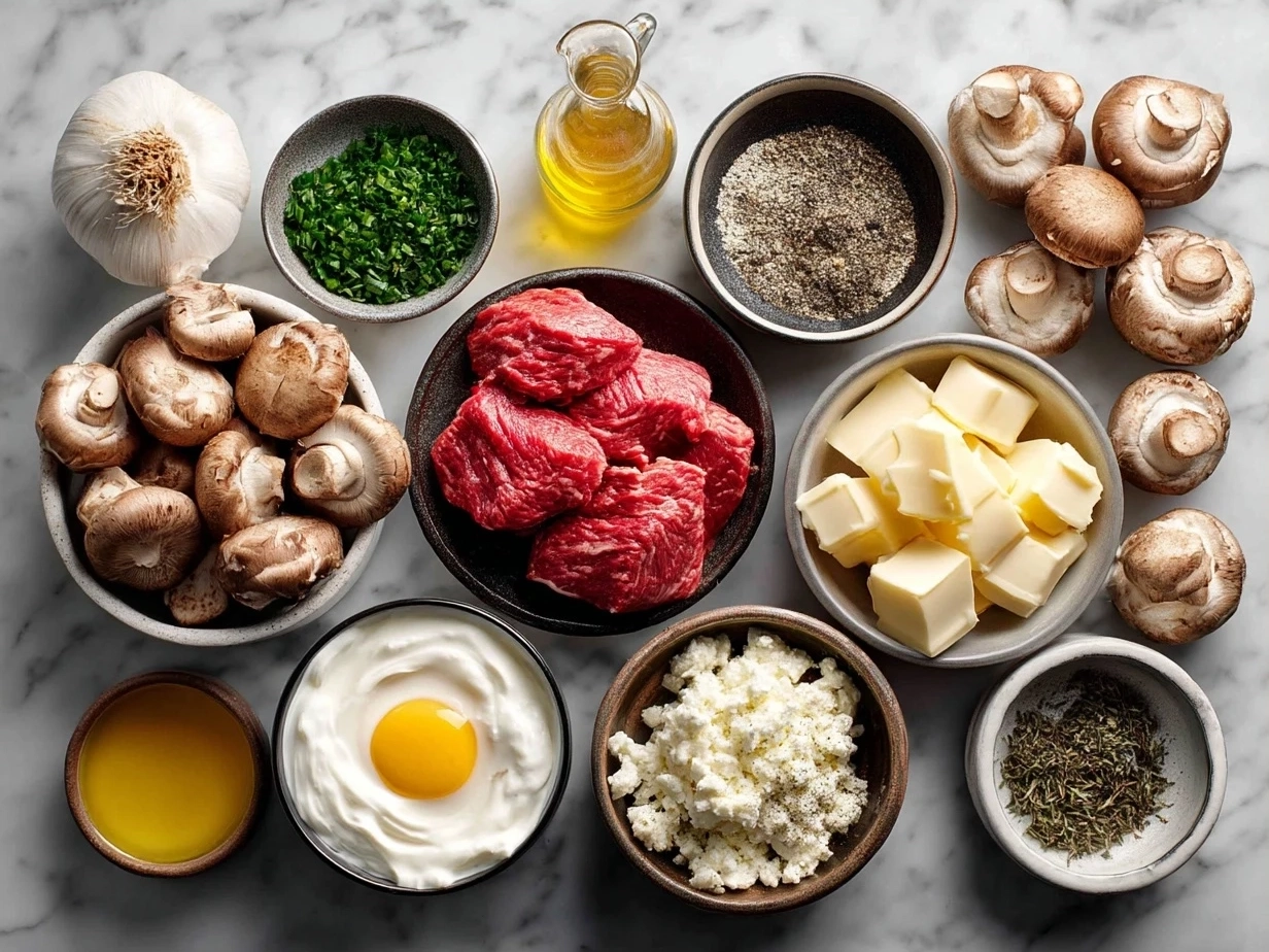 Ingredients for Beef Stroganoff With Sour Cream including beef, mushrooms, onions, garlic, sour cream, and spices
