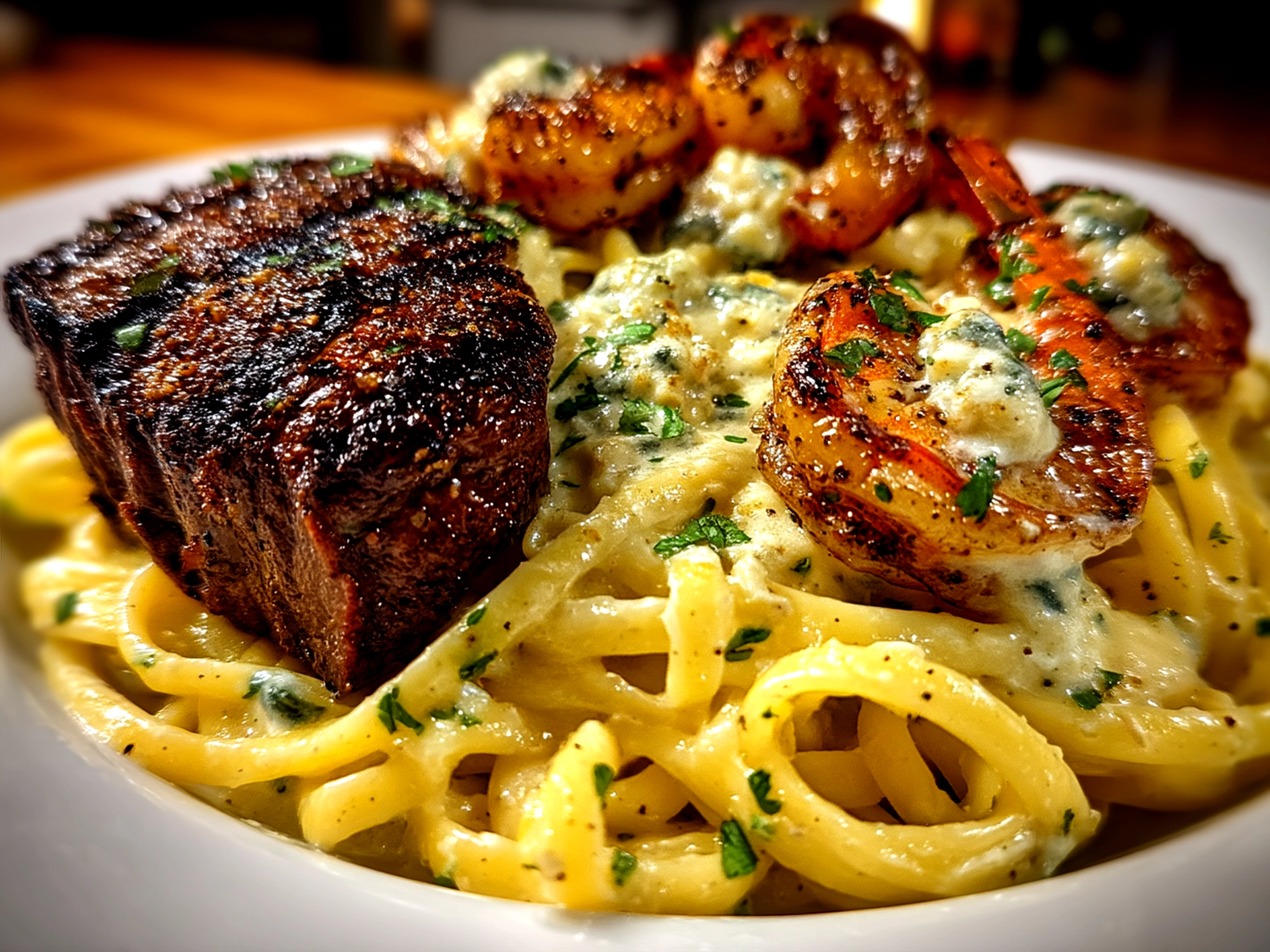 Final plated Blackened Steak Shrimp Alfredo garnished with parsley ready to serve