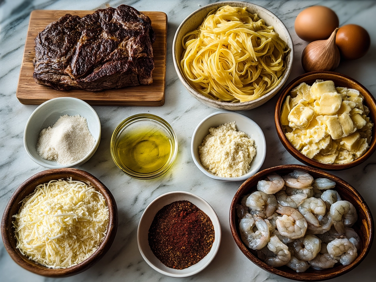 Ingredients for Blackened Steak Shrimp Alfredo laid out including steak, shrimp, cream, parmesan, and seasoning