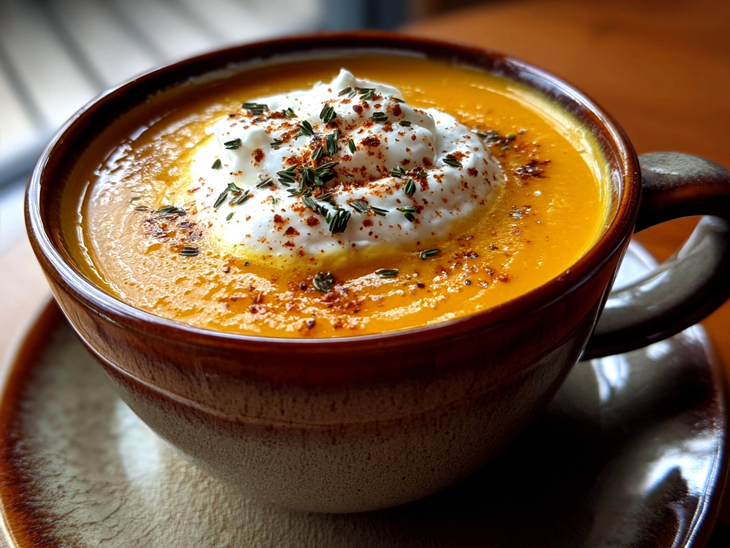 Bowl of creamy Butternut Squash Soup garnished with herbs and served with crusty bread