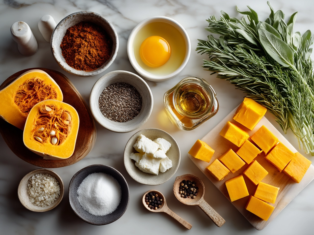 Ingredients laid out for Butternut Squash Soup including butternut squash, onion, garlic, coconut milk, and spices