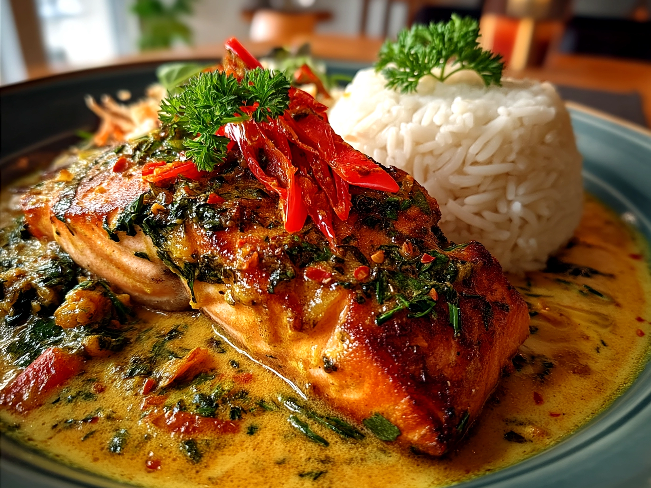 Plated Caribbean-Style Coconut Curry Salmon with garnish