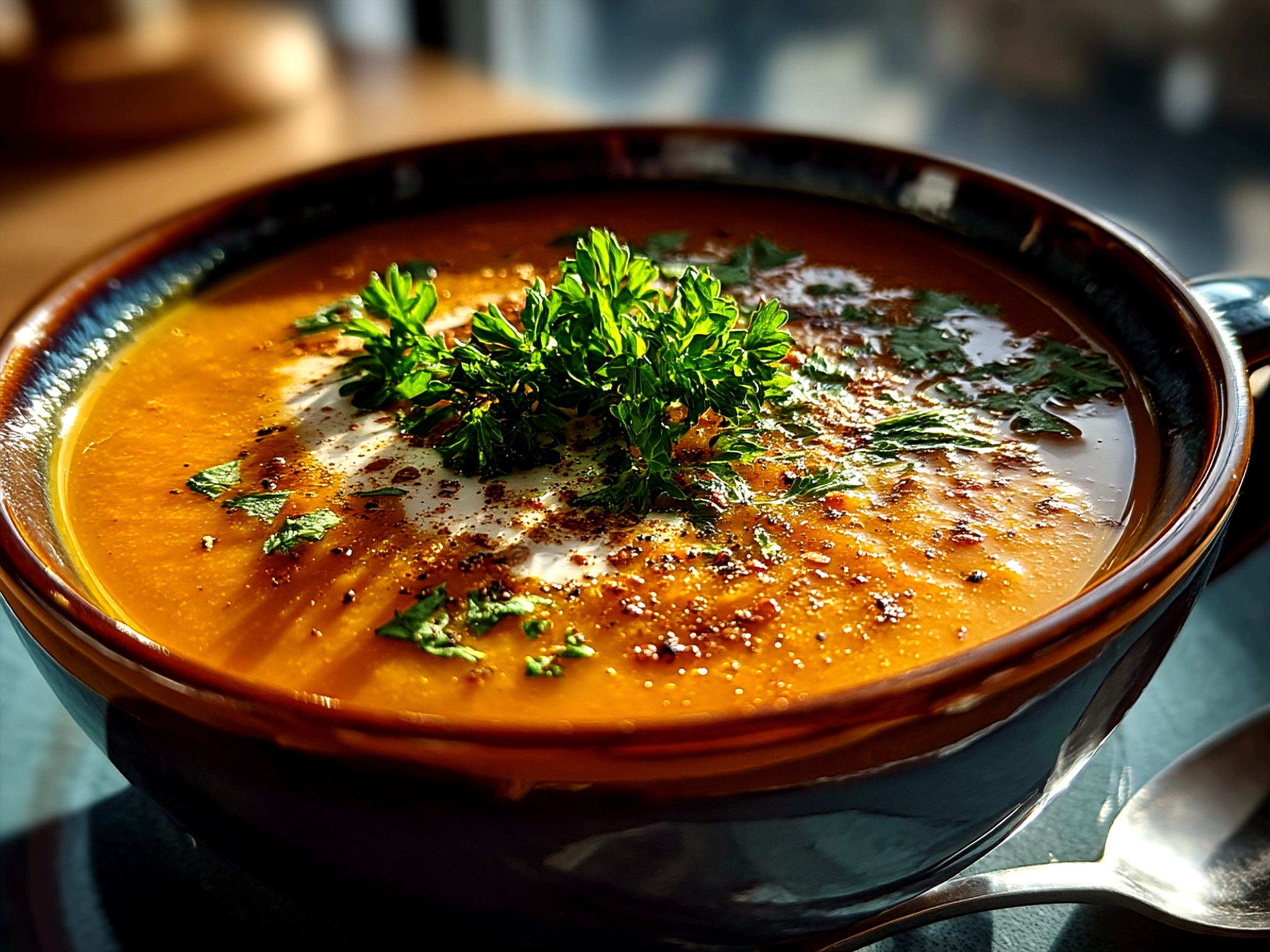 Bowl of creamy Carrot and Lentil Soup garnished with fresh herbs