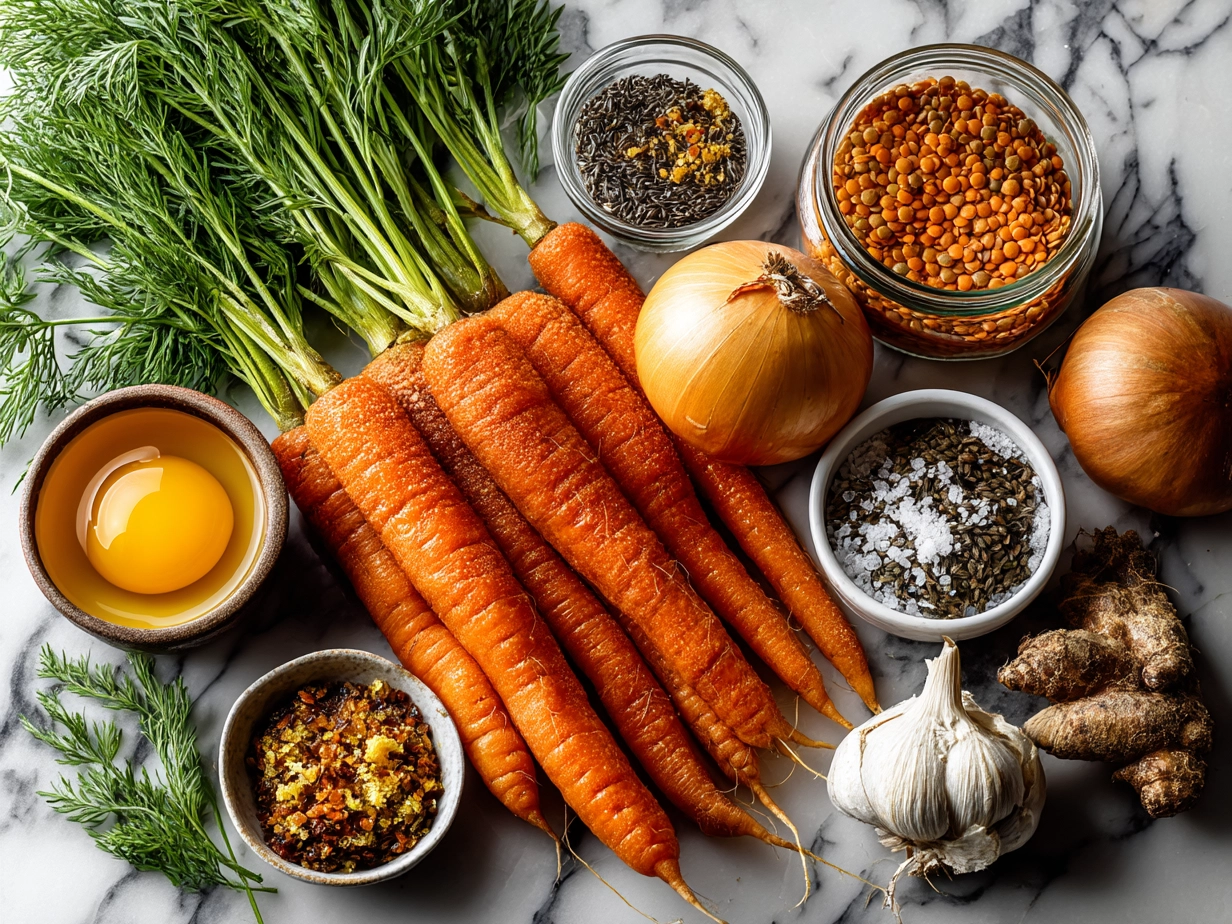 Ingredients for Carrot and Lentil Soup arranged in bowls and spoons