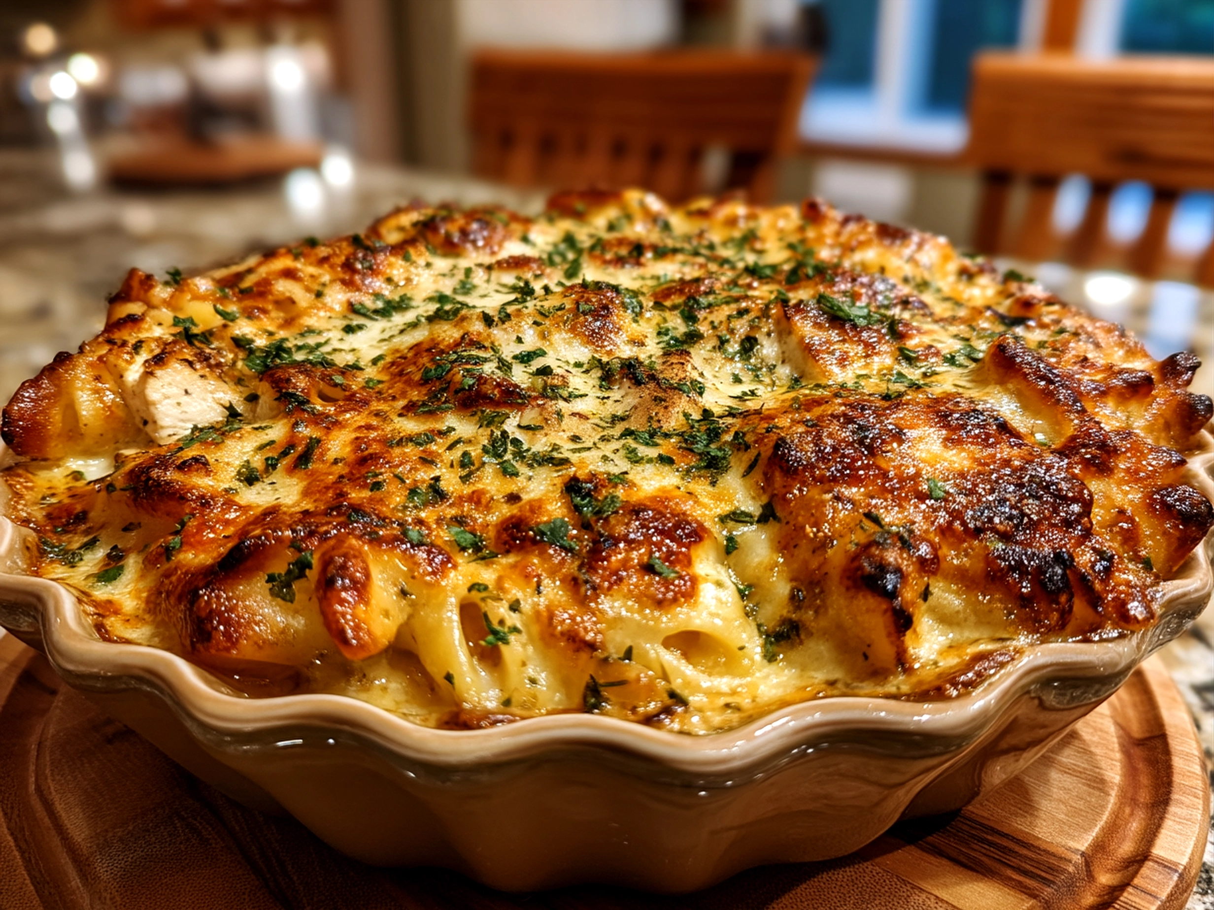 Serving of creamy Chicken Alfredo Lasagna Soup garnished with fresh basil