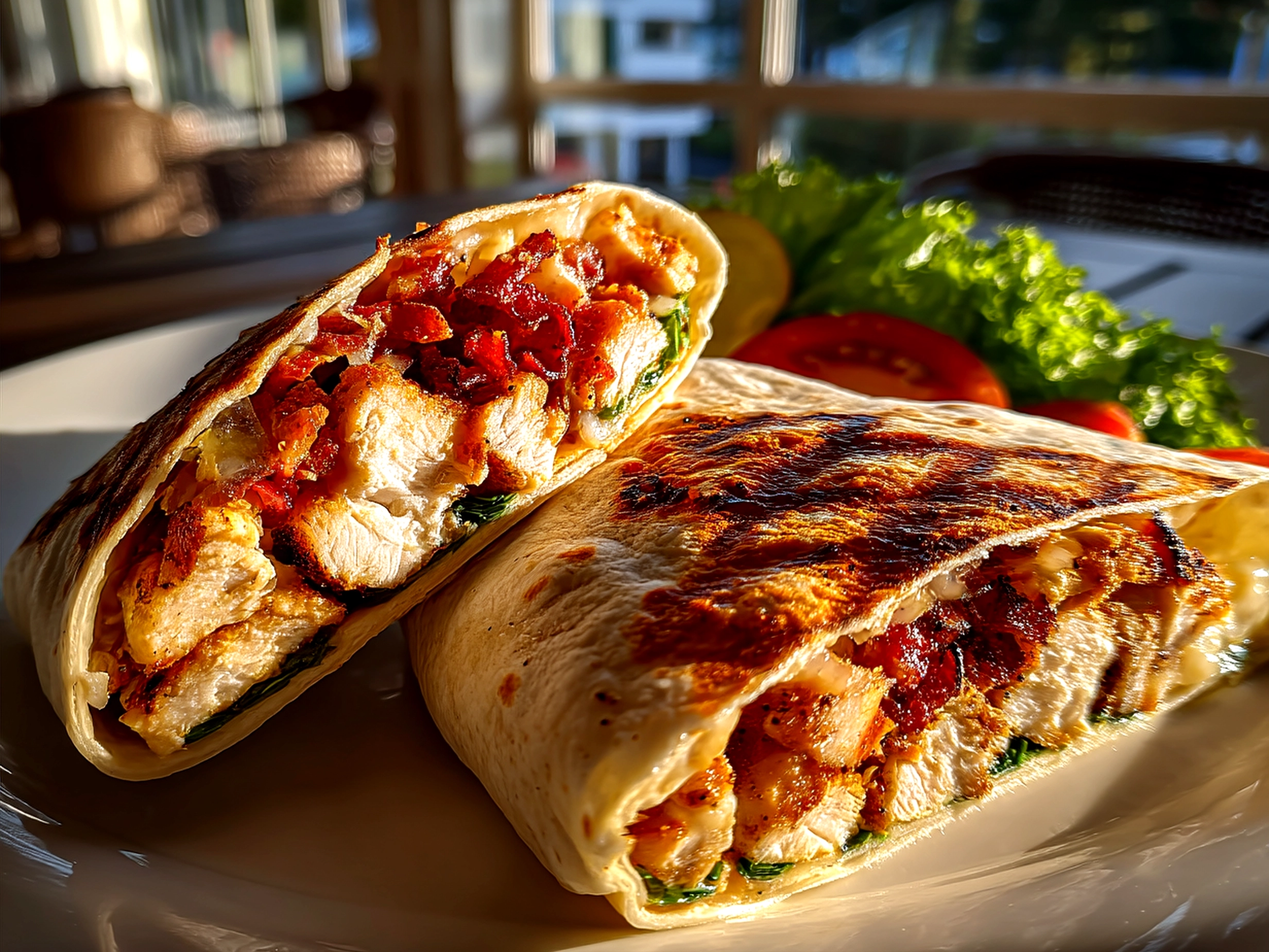A sliced chicken bacon wrap served with lettuce and fresh tomato