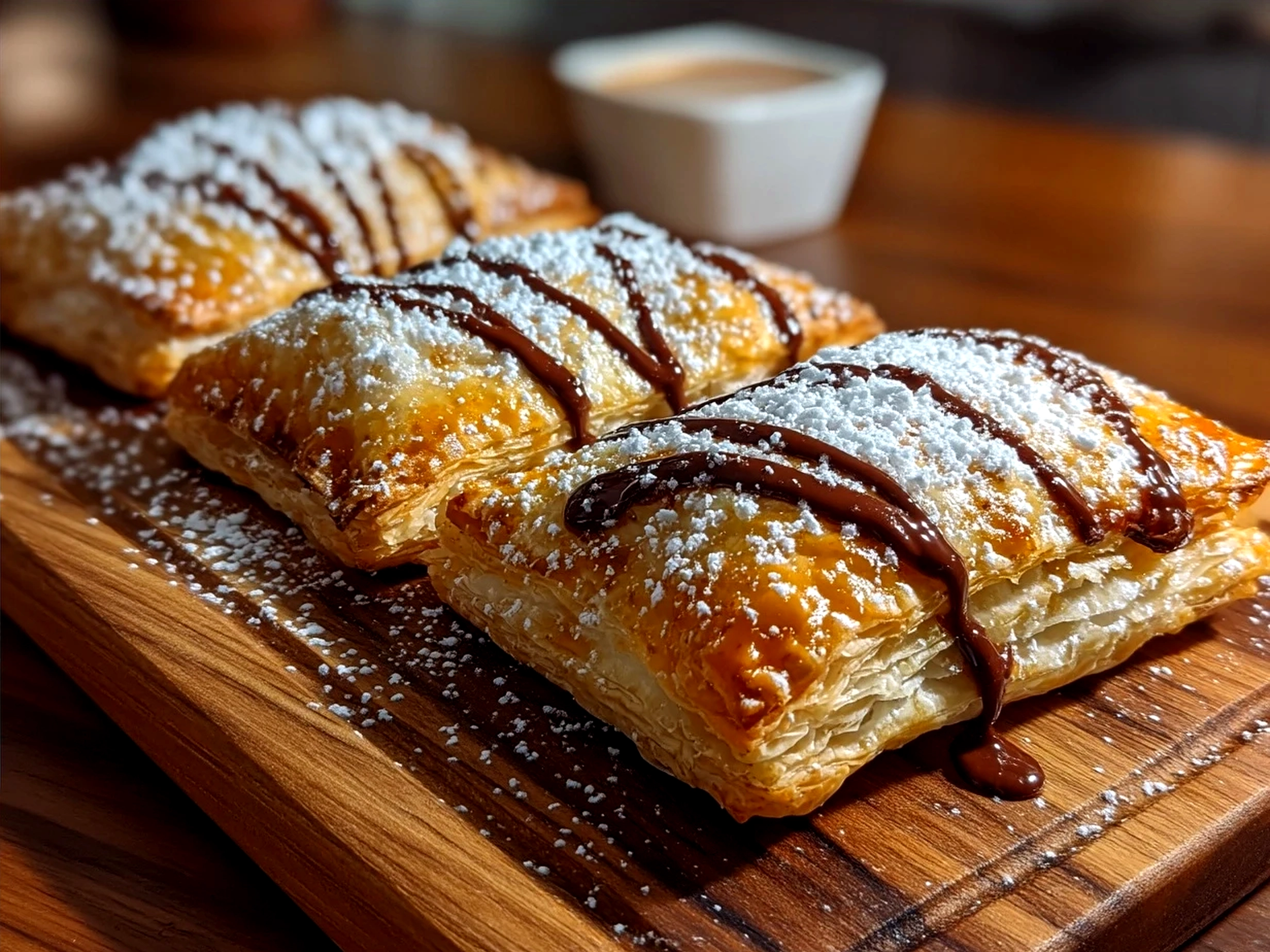 Freshly baked golden Chocolate Puff Pastry served on a plate ready to enjoy