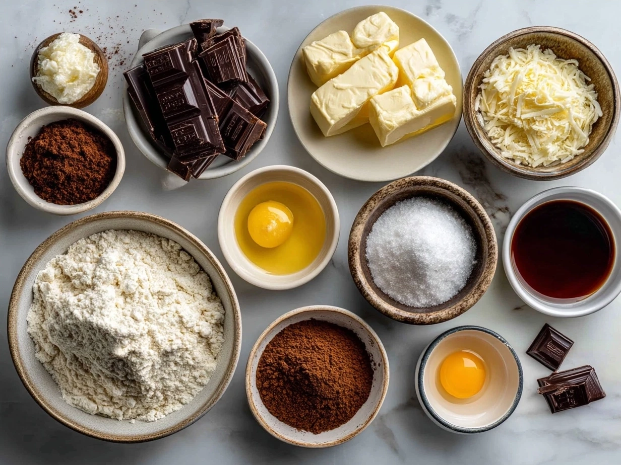 Ingredients for making Chocolate Puff Pastry including puff pastry sheets, chocolate, egg, sugar, and vanilla extract