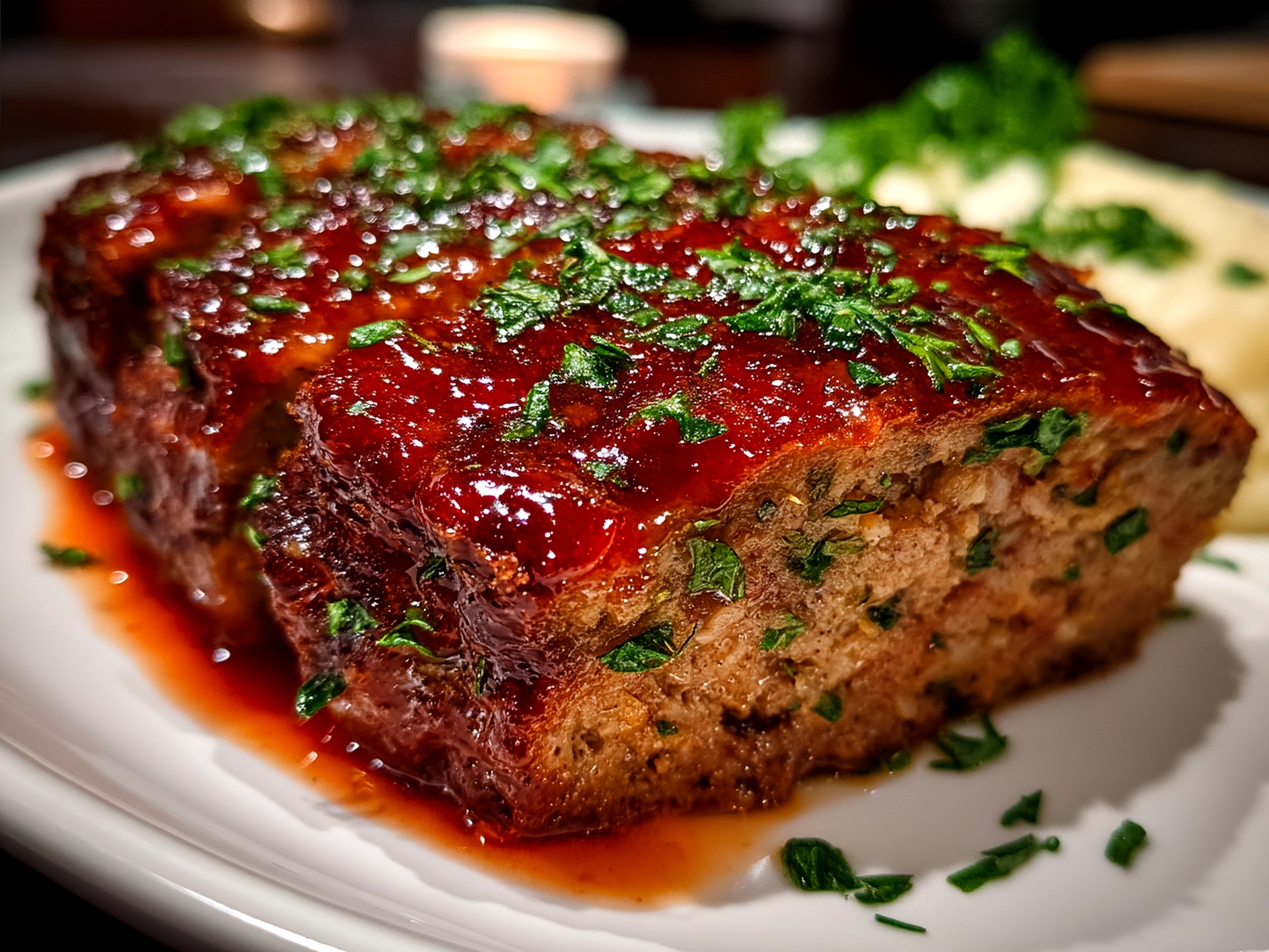 Sliced Classic Meatloaf served with mashed potatoes and green beans