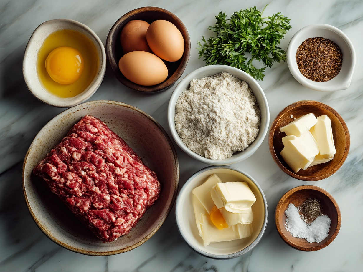 Ingredients for Classic Meatloaf including ground beef, breadcrumbs, onion, garlic, eggs, ketchup, Worcestershire sauce, and herbs