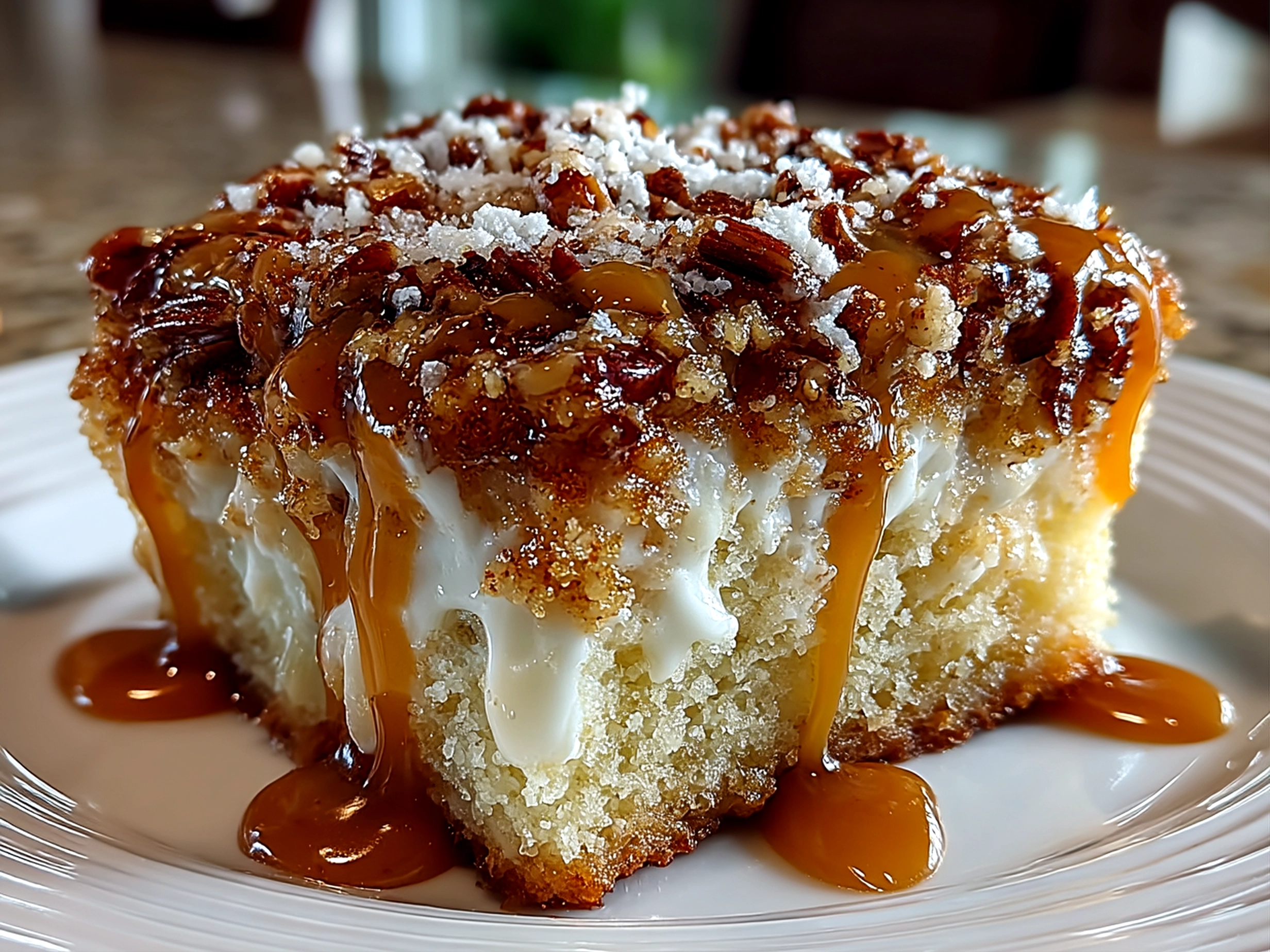 Close-up of finished Caramel Butter Pecan Praline Poke Cake with glossy caramel drizzle