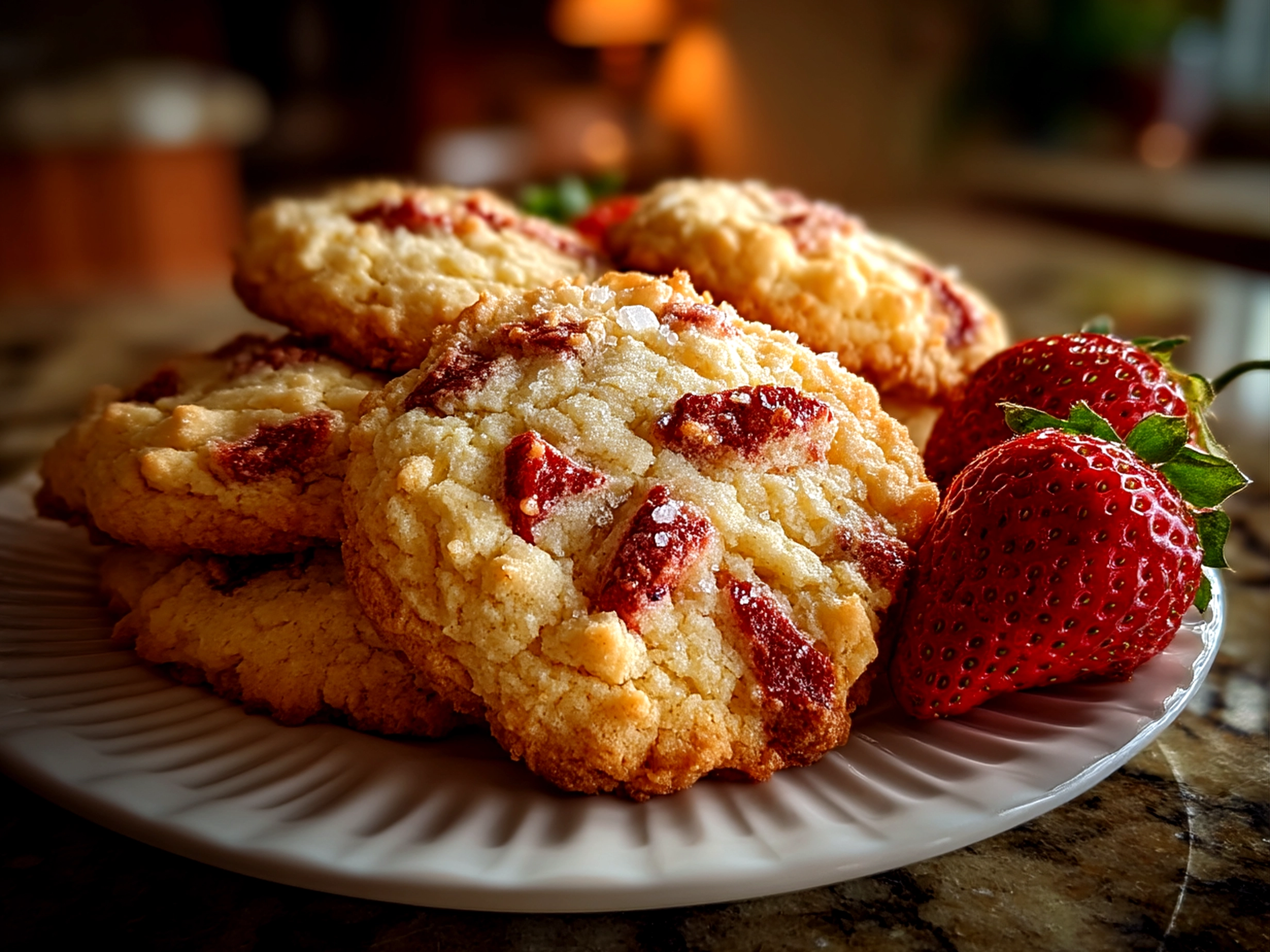Close-up finished strawberry sugar cookies with fresh garnish