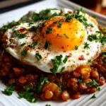 Close-up of Eggcentric lentils with poached egg and yogurt