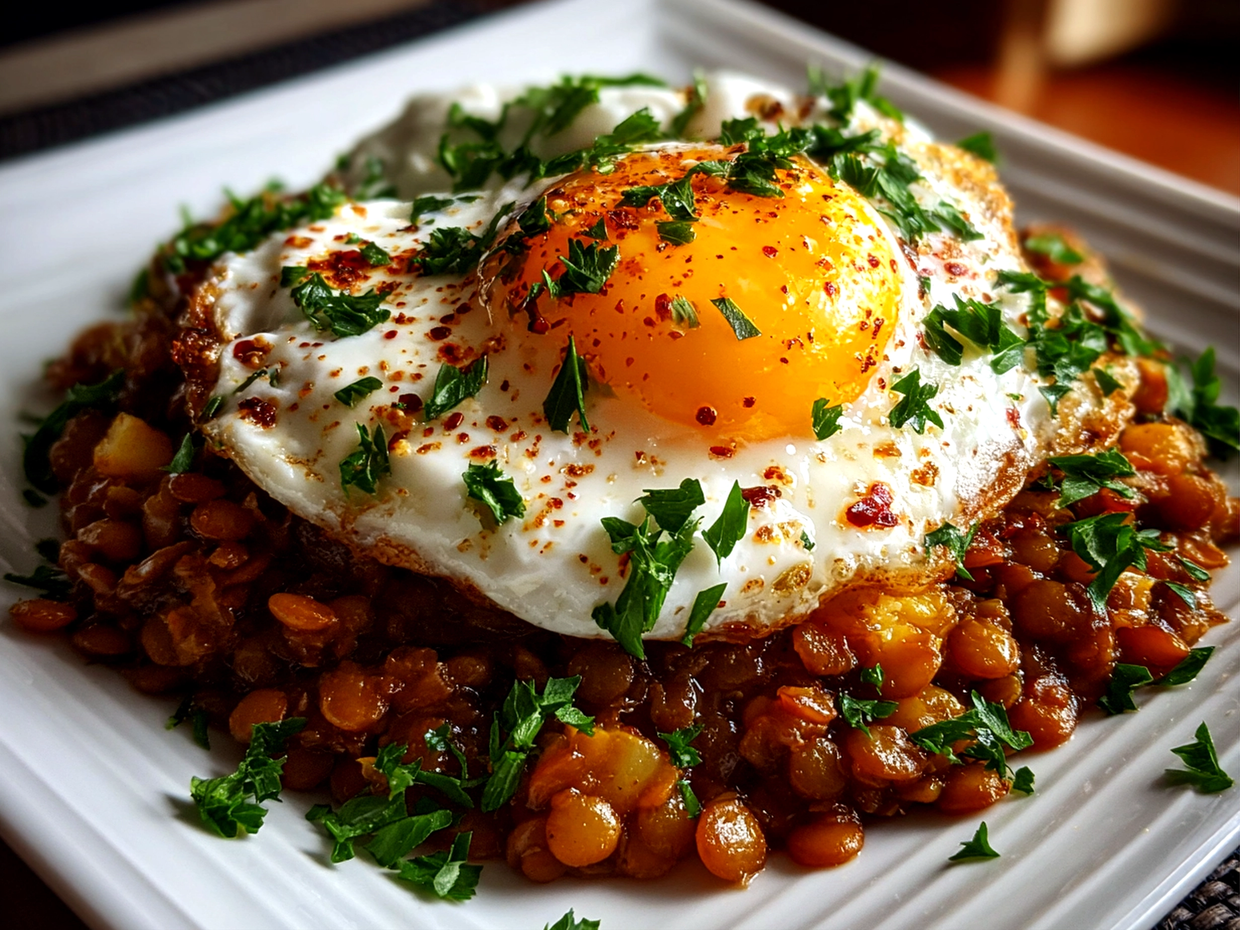 Close-up of Eggcentric lentils with poached egg and yogurt