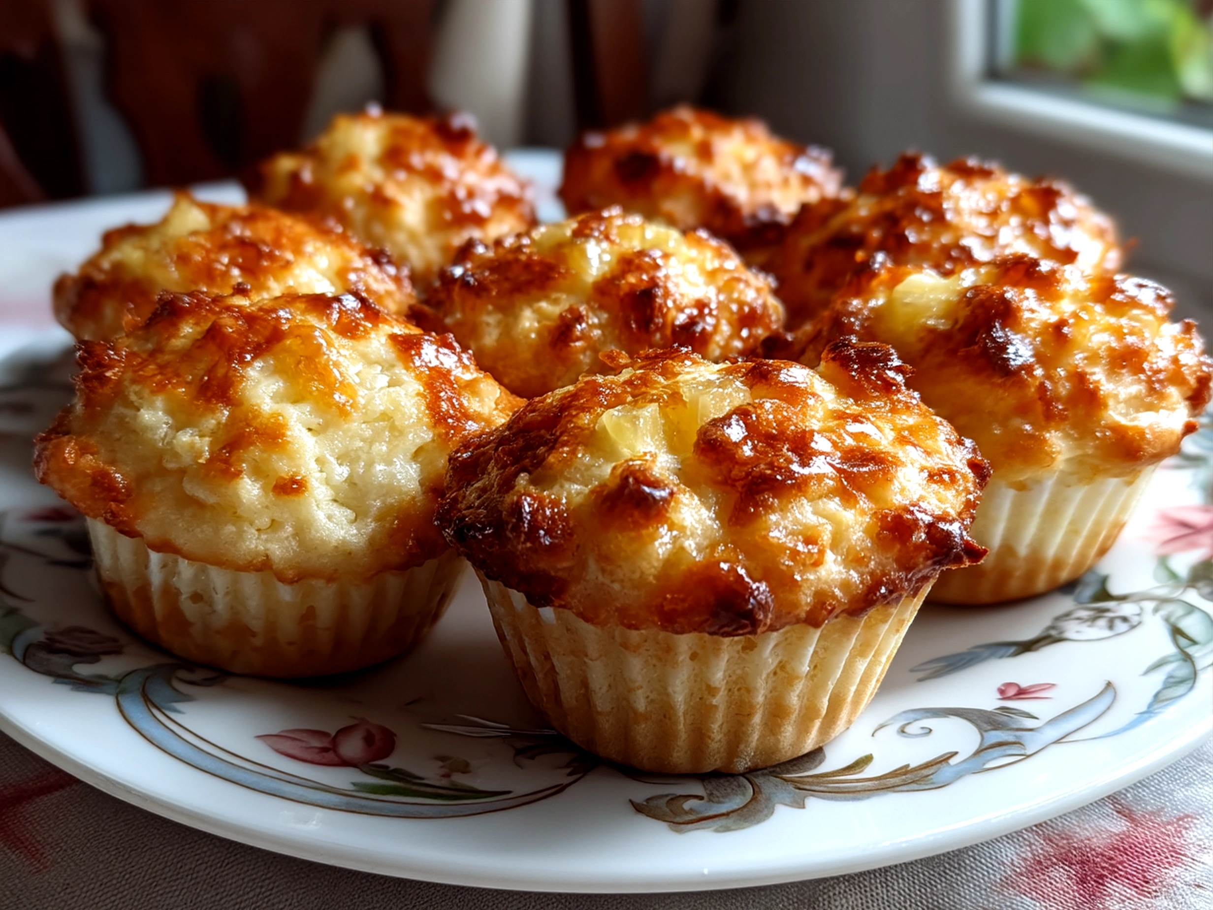 Serving Coconut and Pineapple Cottage Cheese Muffins on a plate